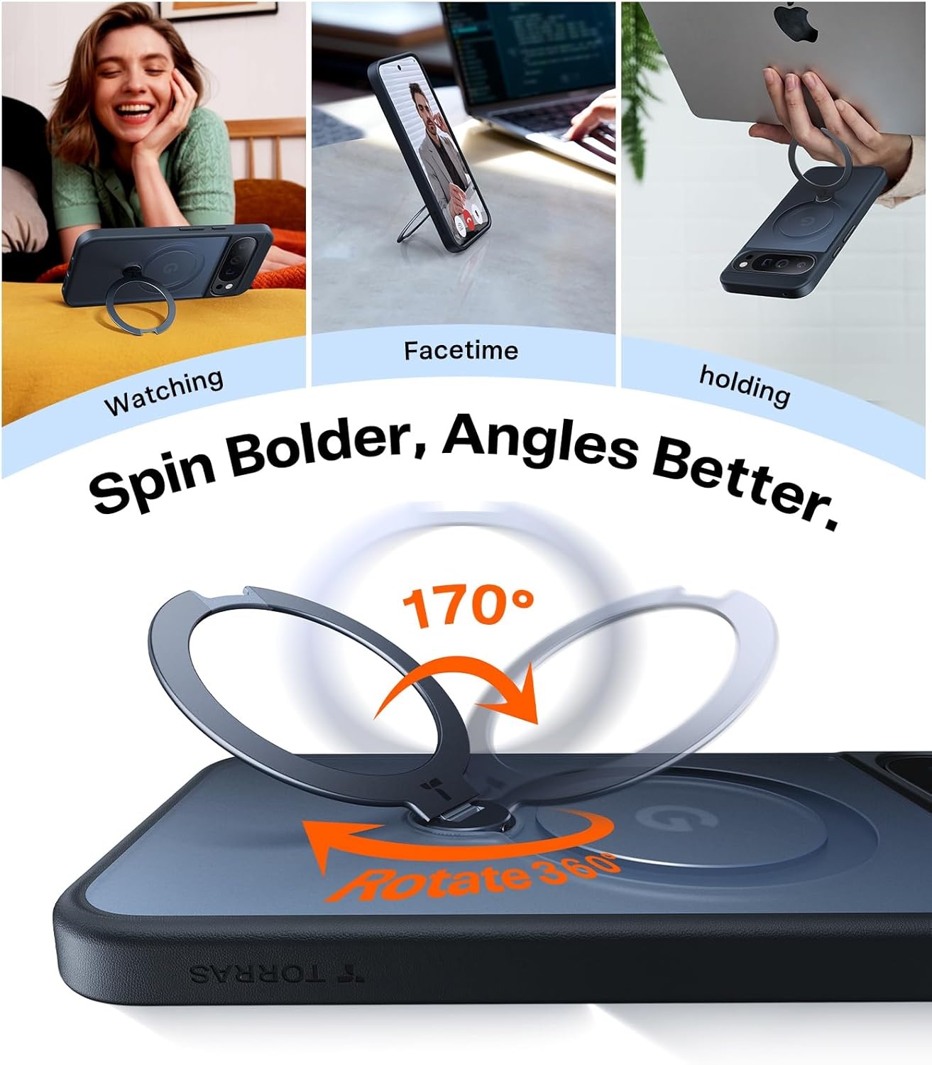 image:imageTORRAS Q3 Spin Magnetic 360 Stand for Google Pixel 10 Pro Case 10 Case Fit for Magsafe 4X Military Grade Protection Shockproof Pixel 10 Pro Phone Case with Stand Translucent BlackBlack