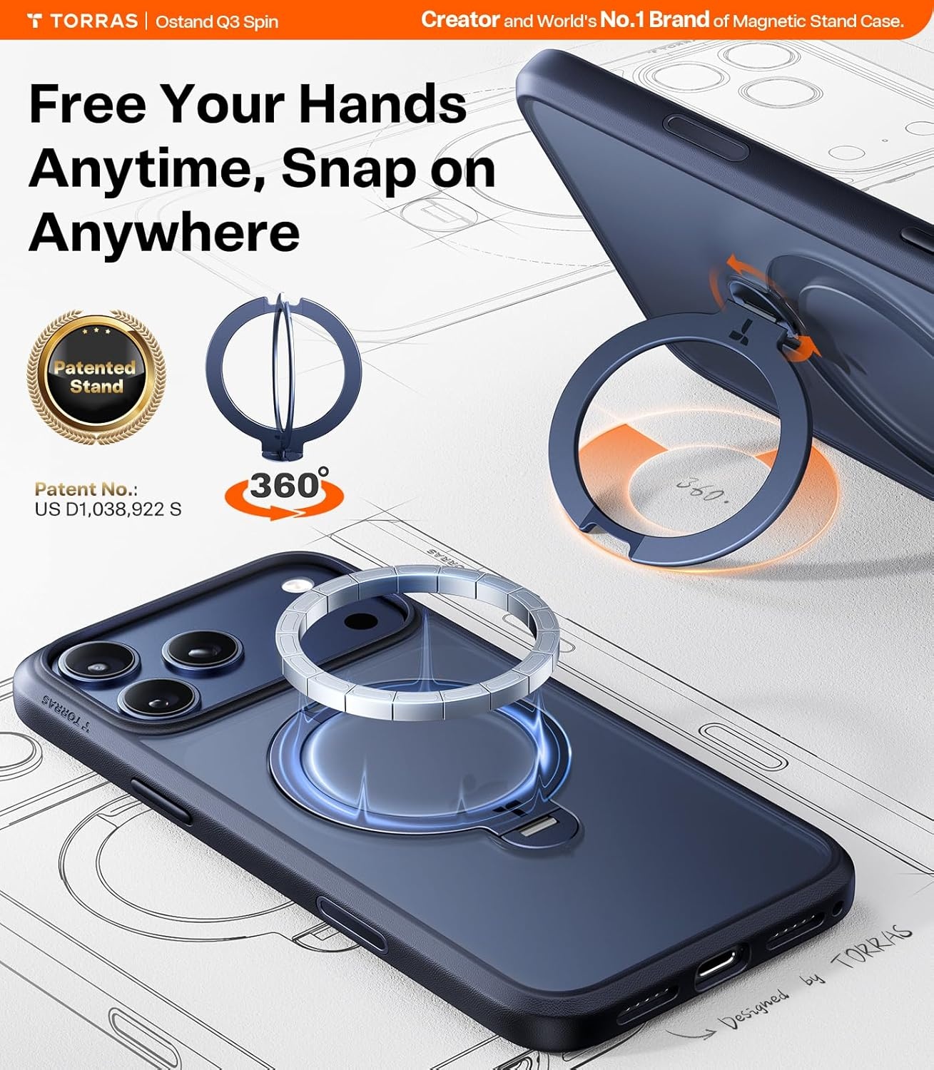 image:imageTORRAS Q3 Spin for iPhone 14 Pro Max Case with 360 Magnetic Stand Compatible with MagSafe Military Grade Protective Case for iPhone 14 Pro Max Phone Case with Kickstand BlackBlue