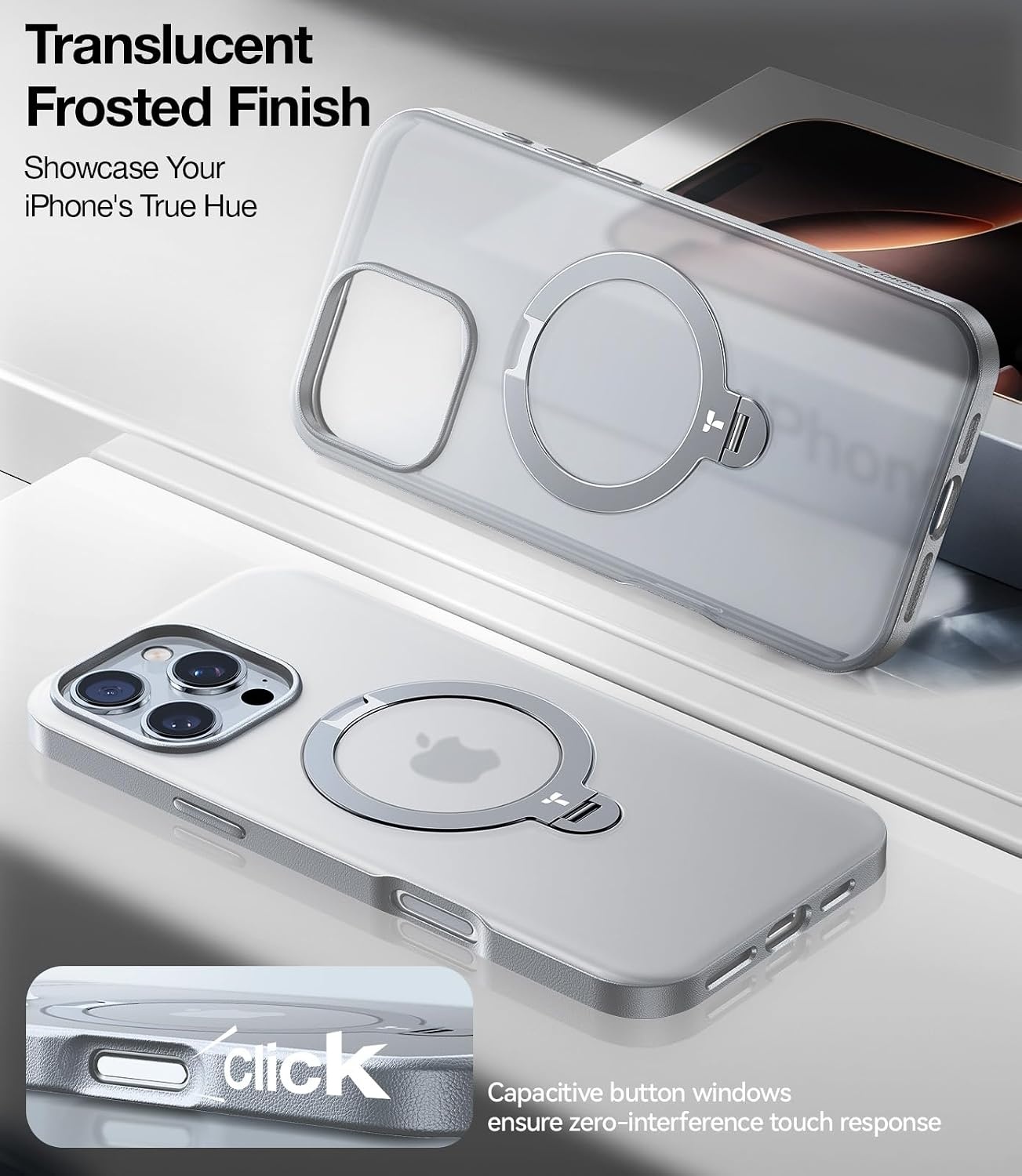 image:imageTORRAS Q3 Spin for iPhone 16 Pro Case 360 Magnetic Stand Fit for MagSafe Builtin Ring Holder Kickstand MilGrade Protective Translucent Hard PC Case for iPhone 16 Pro Natural Titanium 63