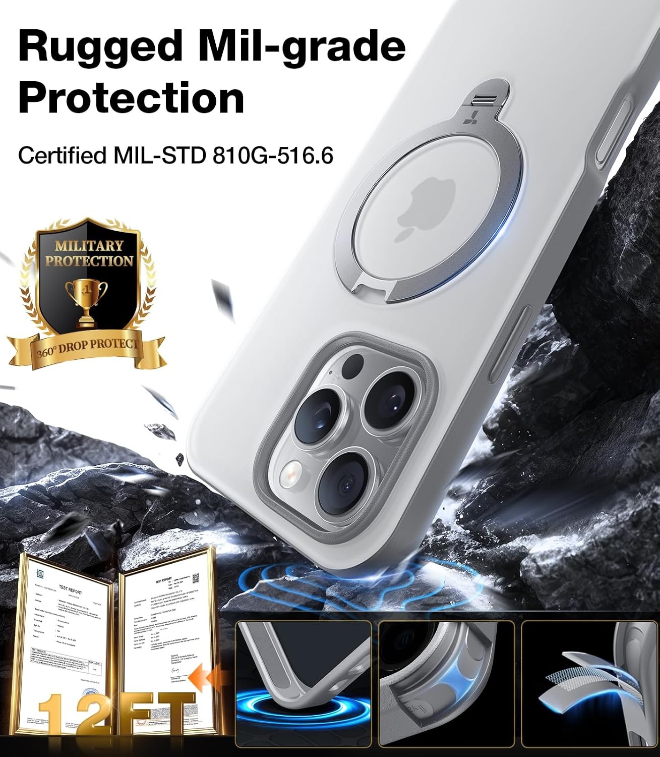 image:imageTORRAS Q3 Spin for iPhone 16 Pro Case 360 Magnetic Stand Fit for MagSafe Builtin Ring Holder Kickstand MilGrade Protective Translucent Hard PC Case for iPhone 16 Pro Natural Titanium 63