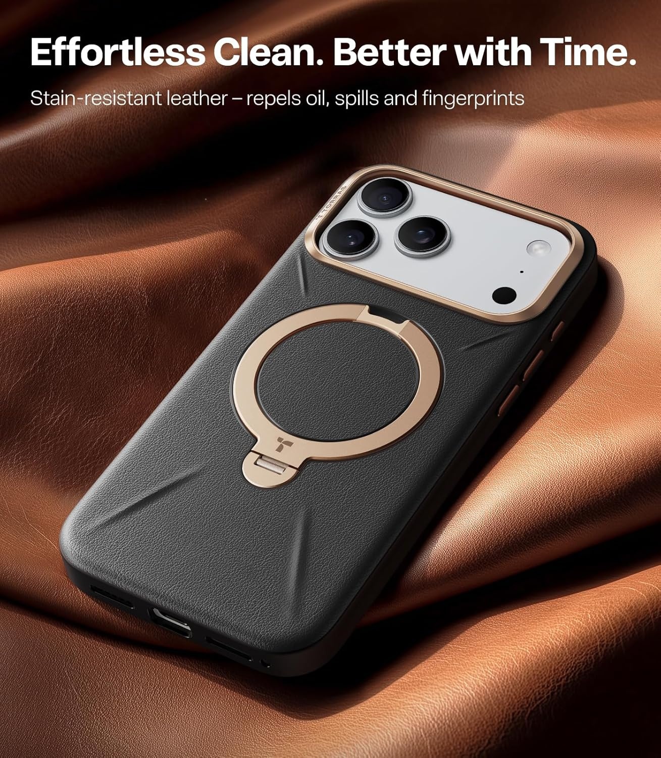 image:imageTORRAS Q3 VegSkin for iPhone 17 Pro Max Case Leather 360 Spin Magnetic Stand Fit for MagSafe Camera Control Shockproof Premium Organic Silicone Leather Case for iPhone 17 Pro Max Burnt OrangeMidnight Black