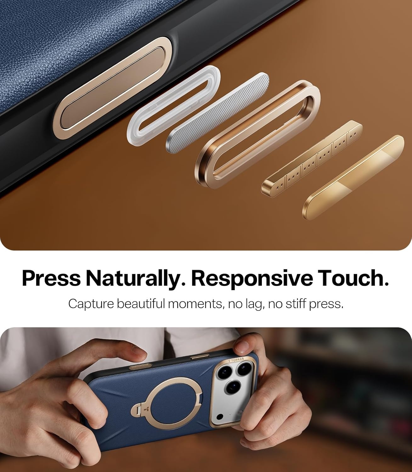 image:imageTORRAS Q3 VegSkin for iPhone 17 Pro Max Case Leather 360 Spin Magnetic Stand Fit for MagSafe Camera Control Shockproof Premium Organic Silicone Leather Case for iPhone 17 Pro Max Burnt OrangeDeep Blue