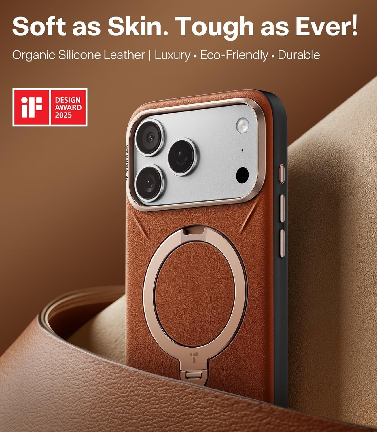 image:imageTORRAS Q3 VegSkin for iPhone 17 Pro Max Case Leather 360 Spin Magnetic Stand Fit for MagSafe Camera Control Shockproof Premium Organic Silicone Leather Case for iPhone 17 Pro Max Burnt OrangeSaddle Brown