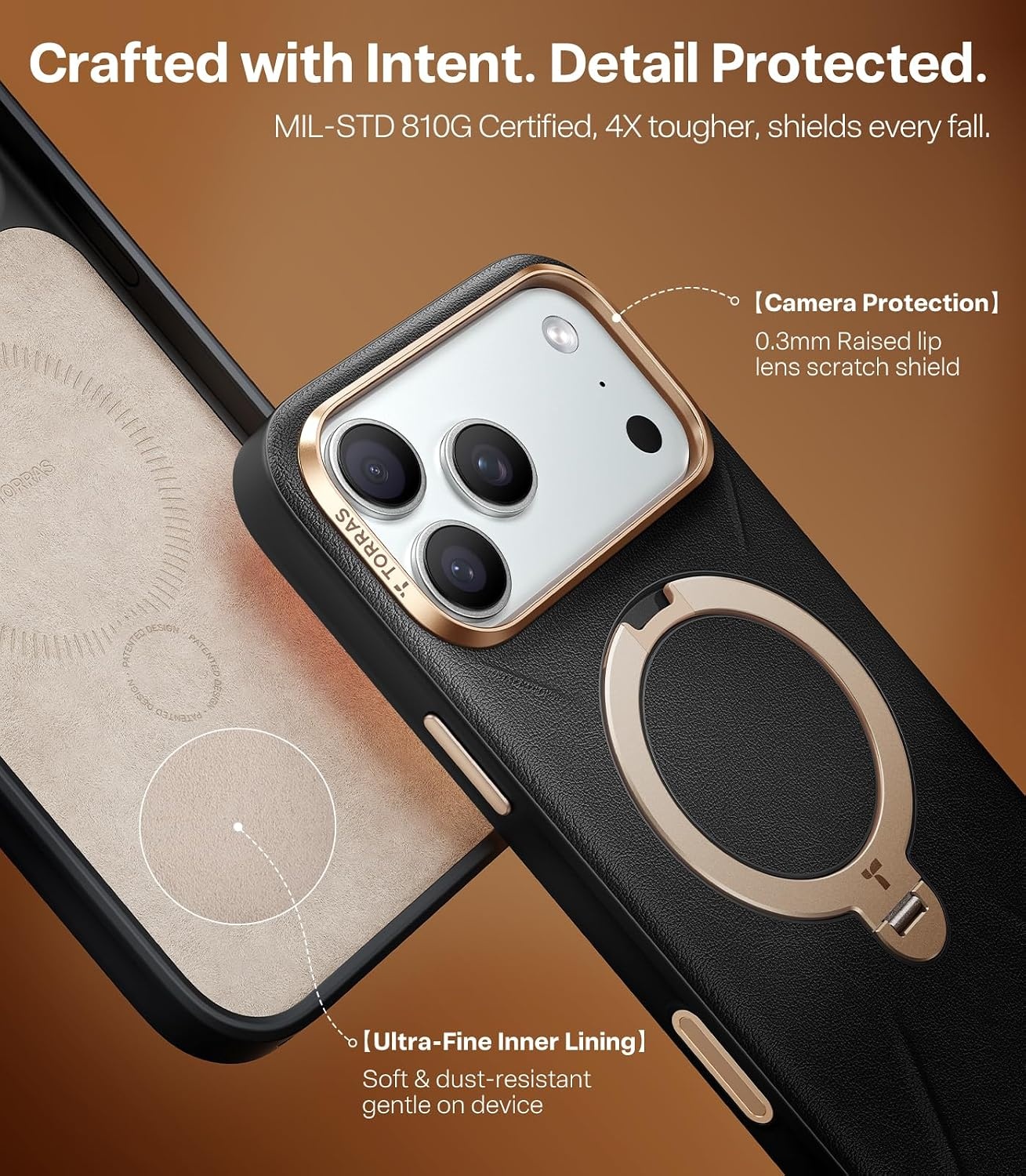 image:imageTORRAS Q3 VegSkin for iPhone 17 Pro Max Case Leather 360 Spin Magnetic Stand Fit for MagSafe Camera Control Shockproof Premium Organic Silicone Leather Case for iPhone 17 Pro Max Burnt OrangeMidnight Black
