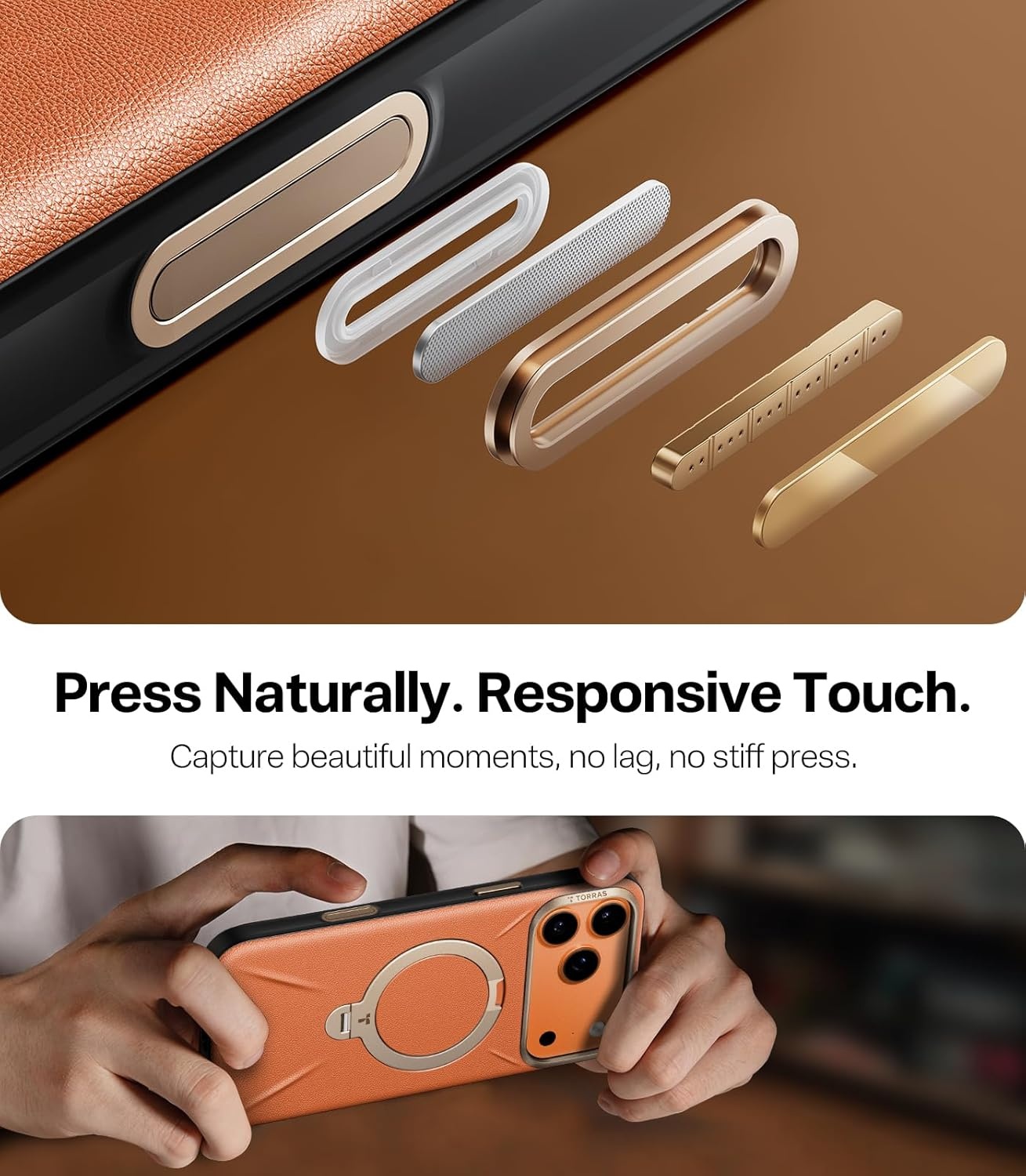 image:imageTORRAS Q3 VegSkin for iPhone 17 Pro Max Case Leather 360 Spin Magnetic Stand Fit for MagSafe Camera Control Shockproof Premium Organic Silicone Leather Case for iPhone 17 Pro Max Burnt OrangeBurnt Orange