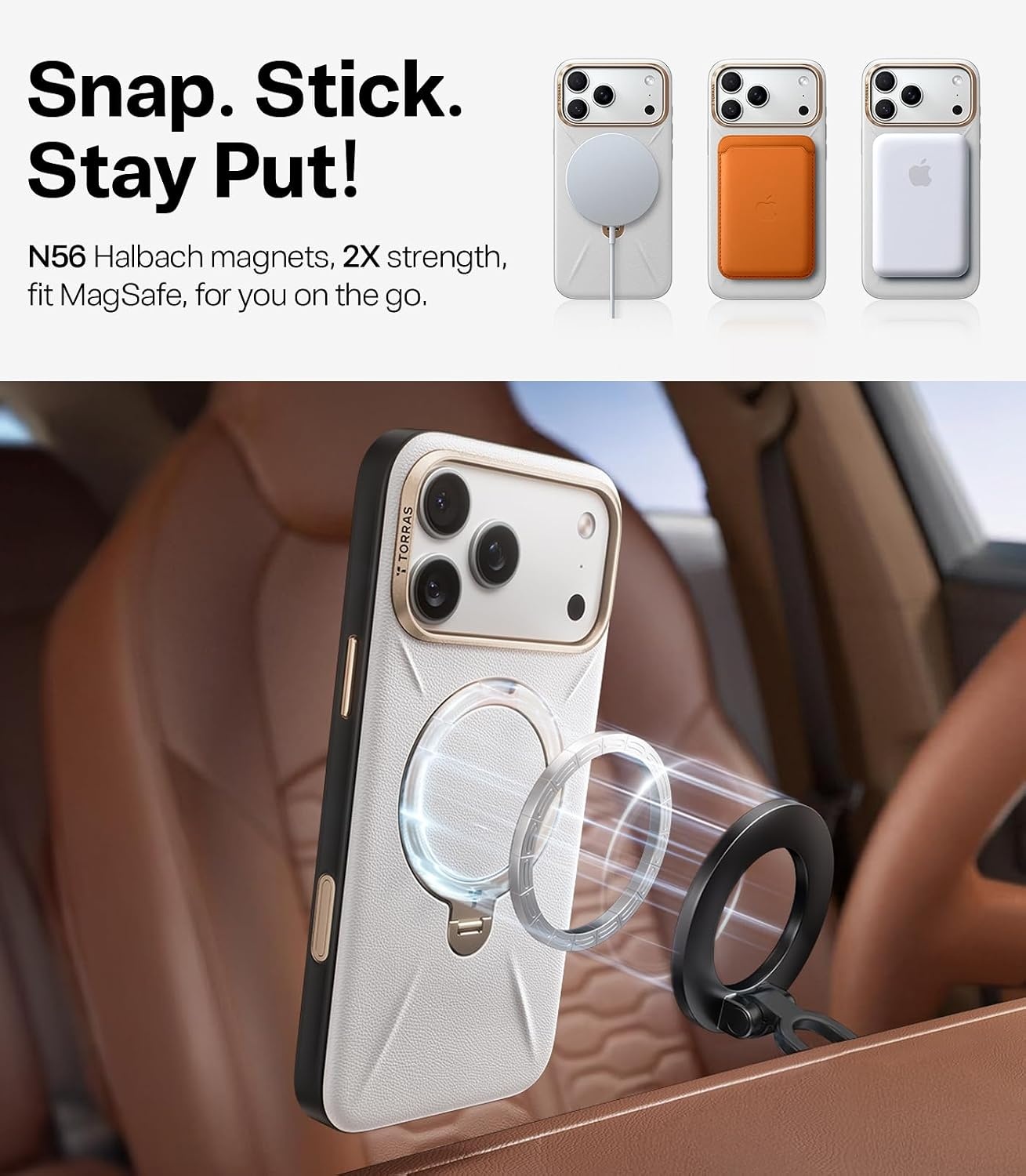 image:imageTORRAS Q3 VegSkin for iPhone 17 Pro Max Case Leather 360 Spin Magnetic Stand Fit for MagSafe Camera Control Shockproof Premium Organic Silicone Leather Case for iPhone 17 Pro Max Burnt OrangeGrayish white