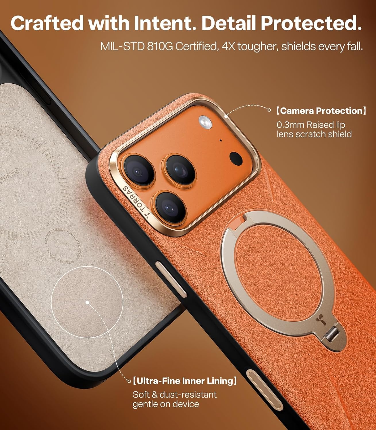 image:imageTORRAS Q3 VegSkin for iPhone 17 Pro Max Case Leather 360 Spin Magnetic Stand Fit for MagSafe Camera Control Shockproof Premium Organic Silicone Leather Case for iPhone 17 Pro Max Burnt OrangeBurnt Orange