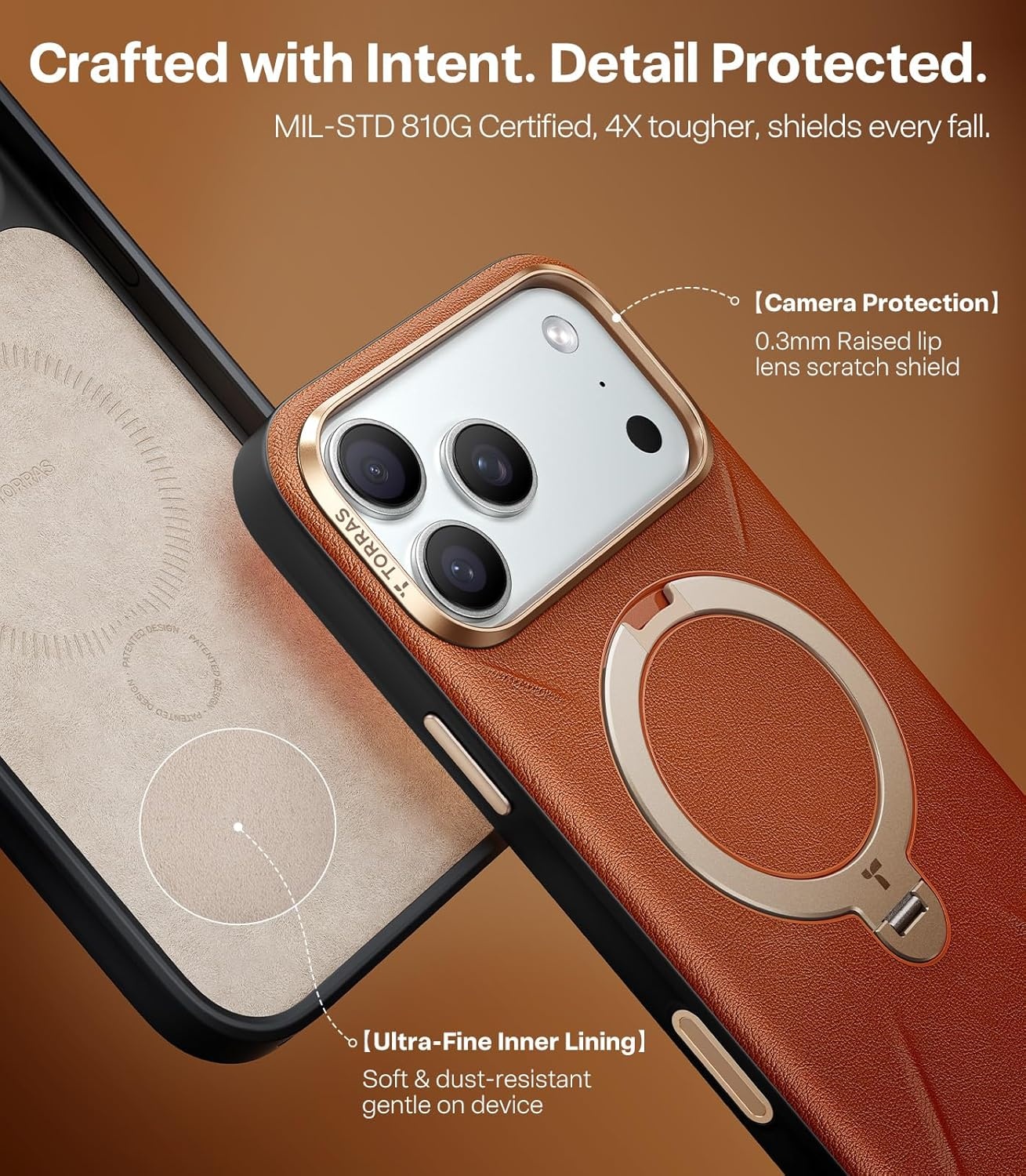 image:imageTORRAS Q3 VegSkin for iPhone 17 Pro Max Case Leather 360 Spin Magnetic Stand Fit for MagSafe Camera Control Shockproof Premium Organic Silicone Leather Case for iPhone 17 Pro Max Burnt OrangeSaddle Brown