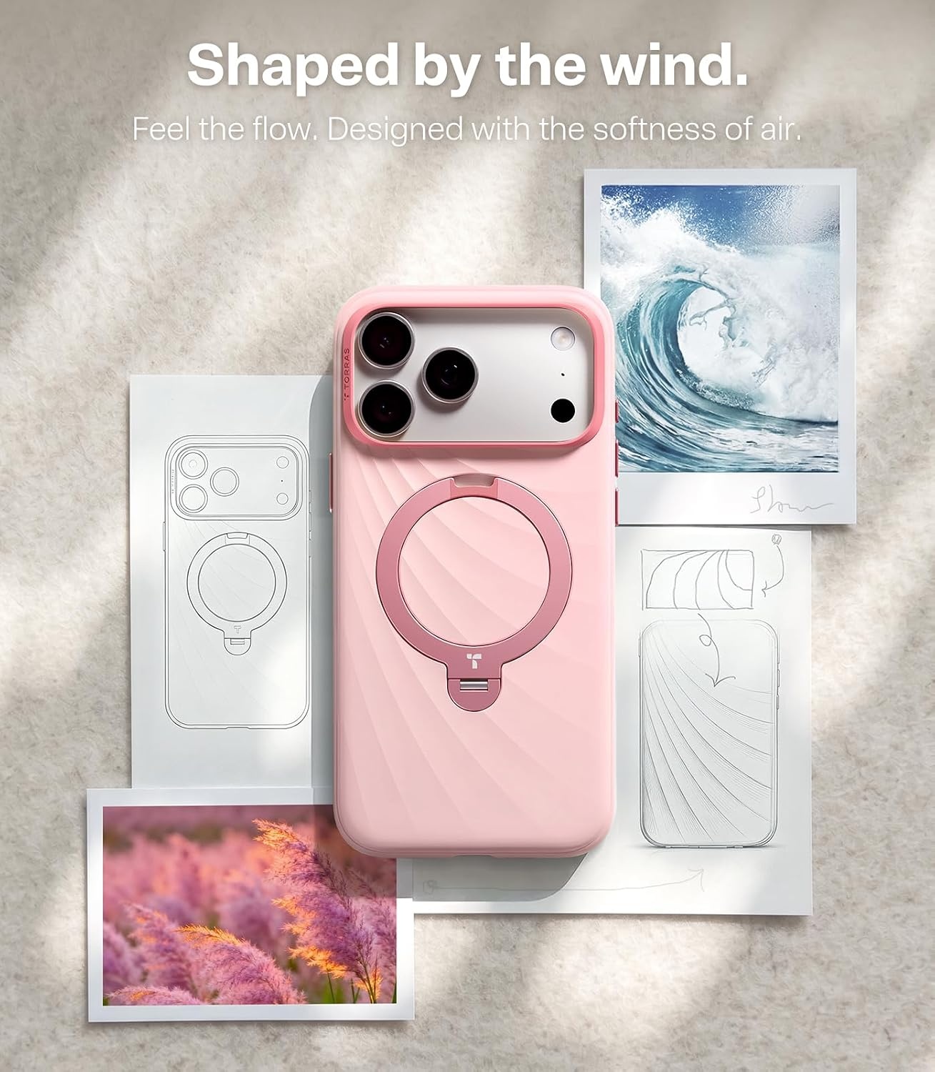 image:imageTORRAS Q3 Wind for iPhone 17 Pro Max Case Liquid Silicone Fit for MagSafe 360 Spin Magnetic Stand Soft Grip Camera Control Protective Phone Case for iPhone 17 Pro Max Case Cream GlowPowder Pink