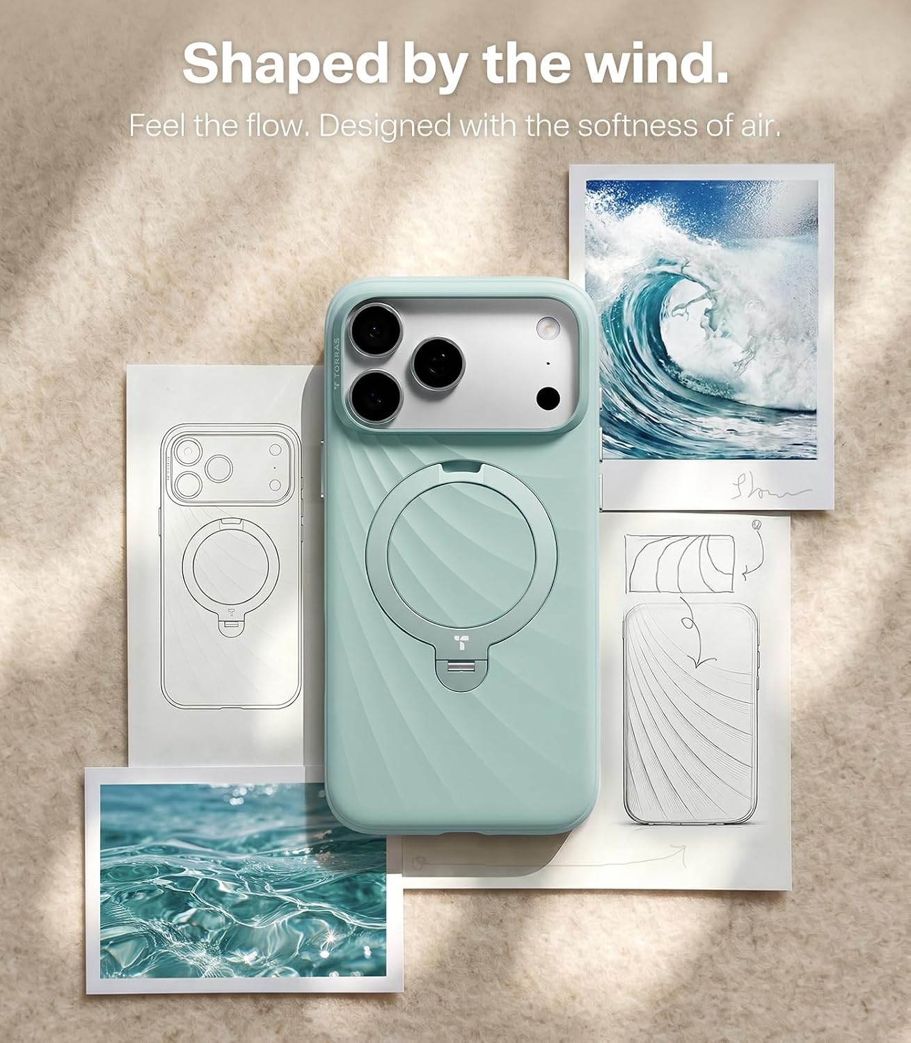 image:imageTORRAS Q3 Wind for iPhone 17 Pro Max Case Liquid Silicone Fit for MagSafe 360 Spin Magnetic Stand Soft Grip Camera Control Protective Phone Case for iPhone 17 Pro Max Case Cream GlowAqua Blue