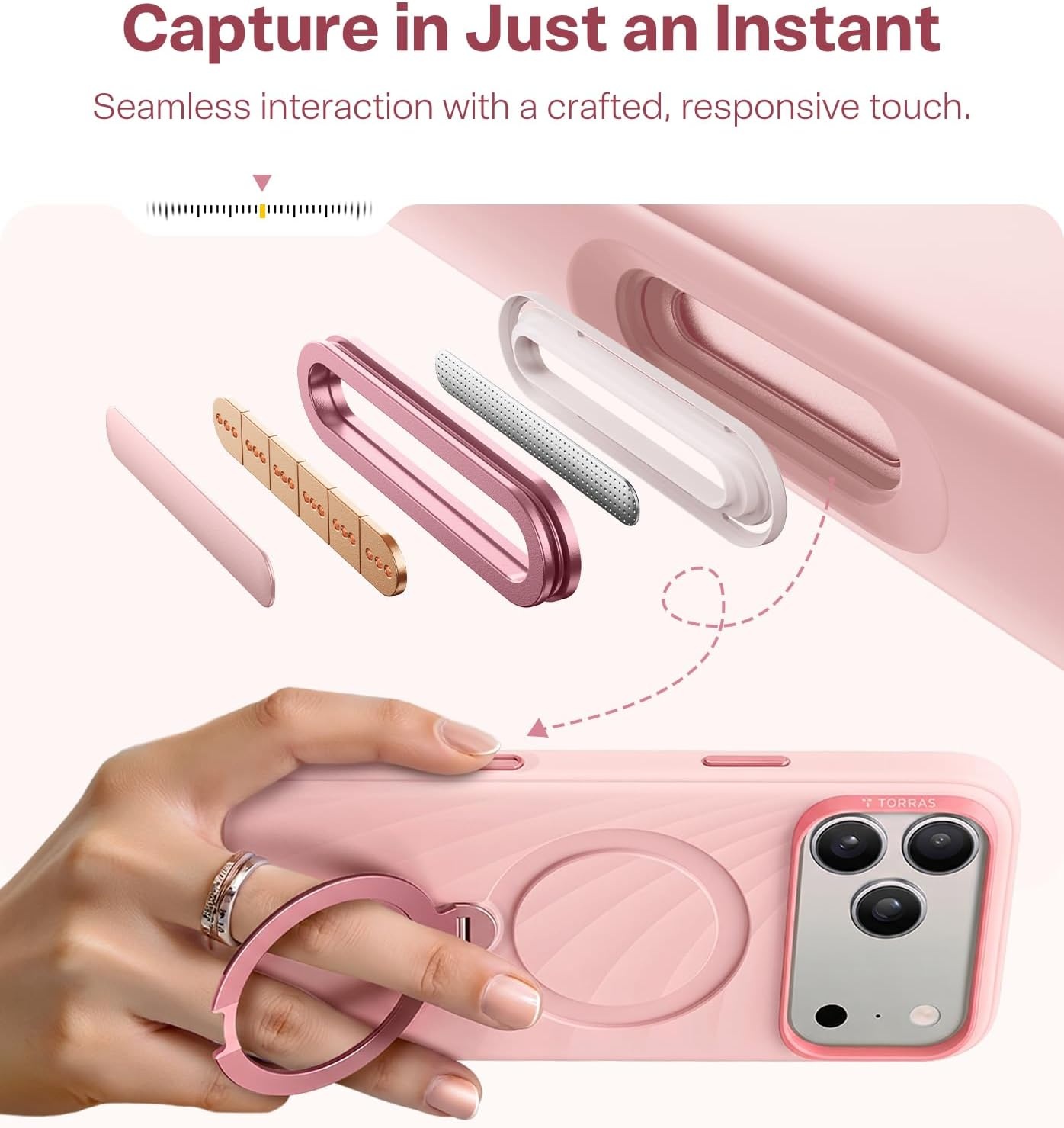 image:imageTORRAS Q3 Wind for iPhone 17 Pro Max Case Liquid Silicone Fit for MagSafe 360 Spin Magnetic Stand Soft Grip Camera Control Protective Phone Case for iPhone 17 Pro Max Case Cream GlowPowder Pink