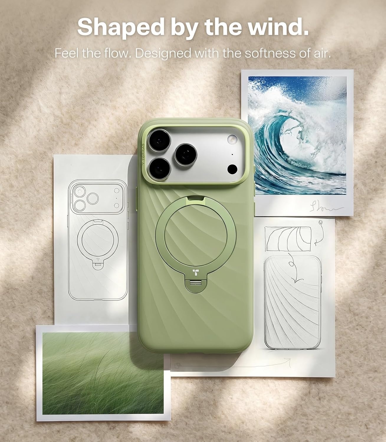 image:imageTORRAS Q3 Wind for iPhone 17 Pro Max Case Liquid Silicone Fit for MagSafe 360 Spin Magnetic Stand Soft Grip Camera Control Protective Phone Case for iPhone 17 Pro Max Case Cream GlowSage Green