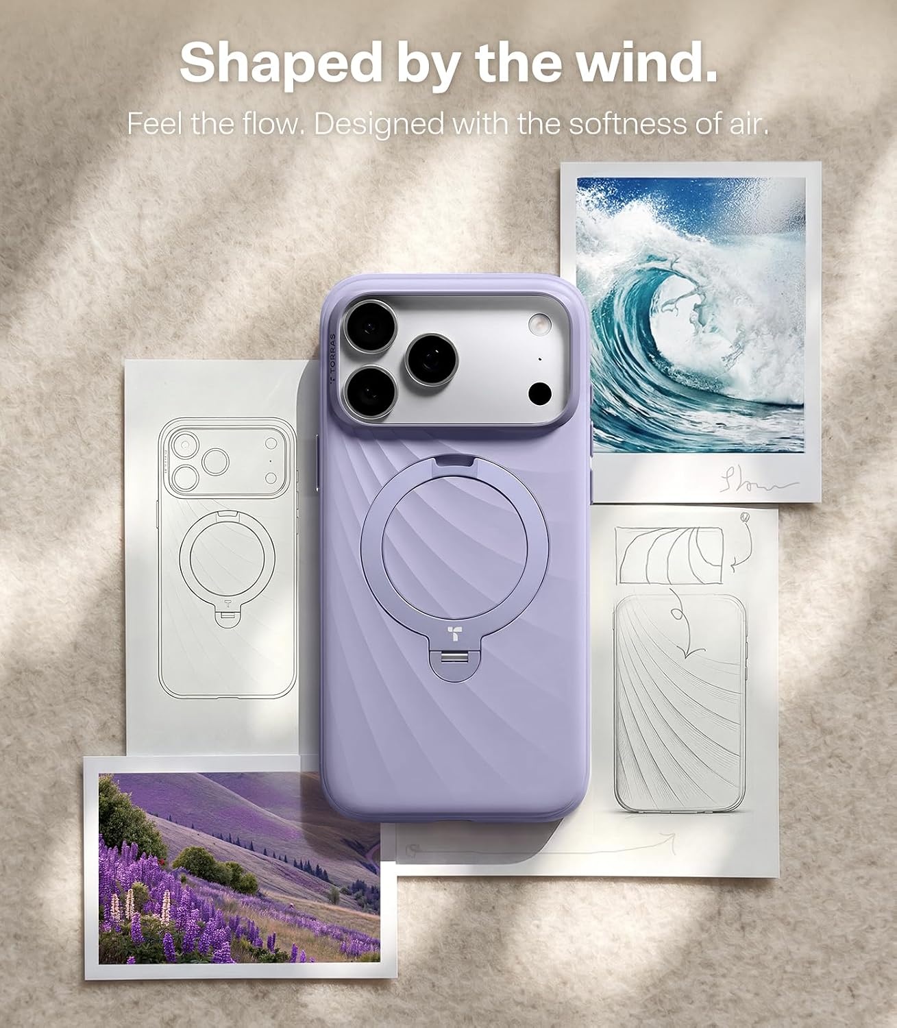 image:imageTORRAS Q3 Wind for iPhone 17 Pro Max Case Liquid Silicone Fit for MagSafe 360 Spin Magnetic Stand Soft Grip Camera Control Protective Phone Case for iPhone 17 Pro Max Case Cream GlowLilac Haze
