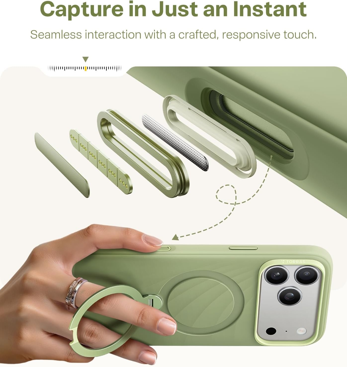image:imageTORRAS Q3 Wind for iPhone 17 Pro Max Case Liquid Silicone Fit for MagSafe 360 Spin Magnetic Stand Soft Grip Camera Control Protective Phone Case for iPhone 17 Pro Max Case Cream GlowSage Green