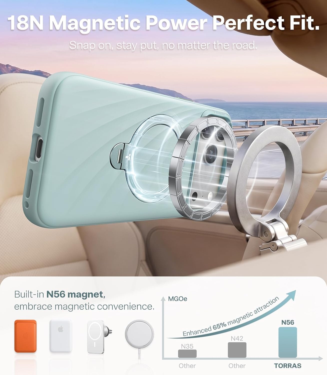 image:imageTORRAS Q3 Wind for iPhone 17 Pro Max Case Liquid Silicone Fit for MagSafe 360 Spin Magnetic Stand Soft Grip Camera Control Protective Phone Case for iPhone 17 Pro Max Case Cream GlowAqua Blue