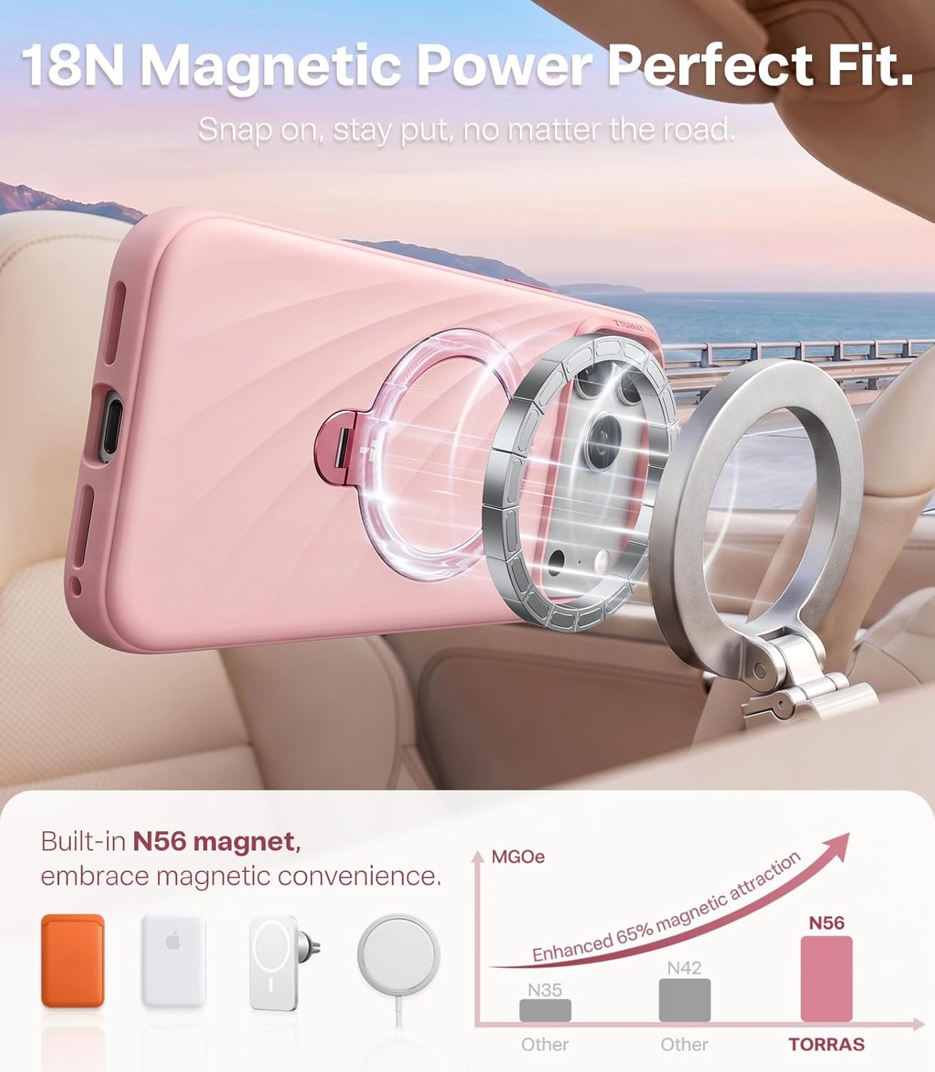 image:imageTORRAS Q3 Wind for iPhone 17 Pro Max Case Liquid Silicone Fit for MagSafe 360 Spin Magnetic Stand Soft Grip Camera Control Protective Phone Case for iPhone 17 Pro Max Case Cream GlowPowder Pink