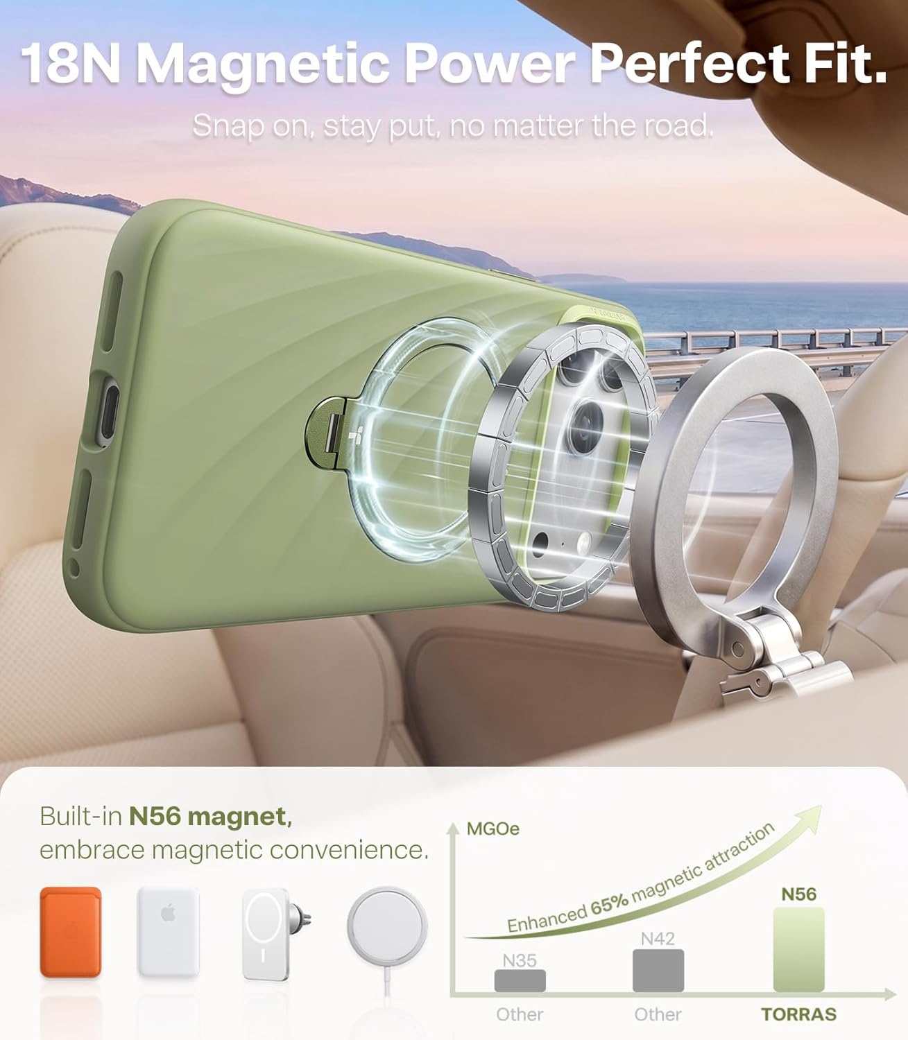 image:imageTORRAS Q3 Wind for iPhone 17 Pro Max Case Liquid Silicone Fit for MagSafe 360 Spin Magnetic Stand Soft Grip Camera Control Protective Phone Case for iPhone 17 Pro Max Case Cream GlowSage Green