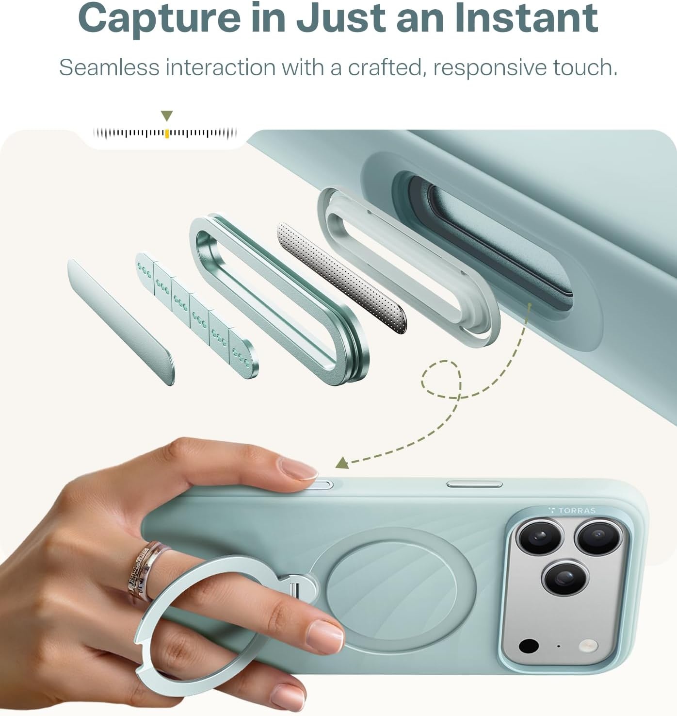 image:imageTORRAS Q3 Wind for iPhone 17 Pro Max Case Liquid Silicone Fit for MagSafe 360 Spin Magnetic Stand Soft Grip Camera Control Protective Phone Case for iPhone 17 Pro Max Case Cream GlowAqua Blue