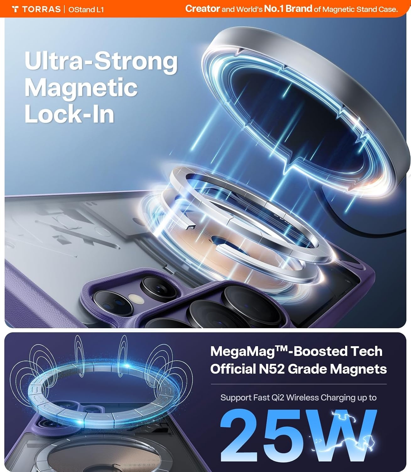 image:imageTORRAS Strong Magnetic amp Seamless Stand for Samsung Galaxy S25 Plus Case Fit for MagSafe MilGrade Drop Protection Kickstand for Samsung Galaxy S25 Plus Case AntiYellowing Diamond ClearDeep Purple