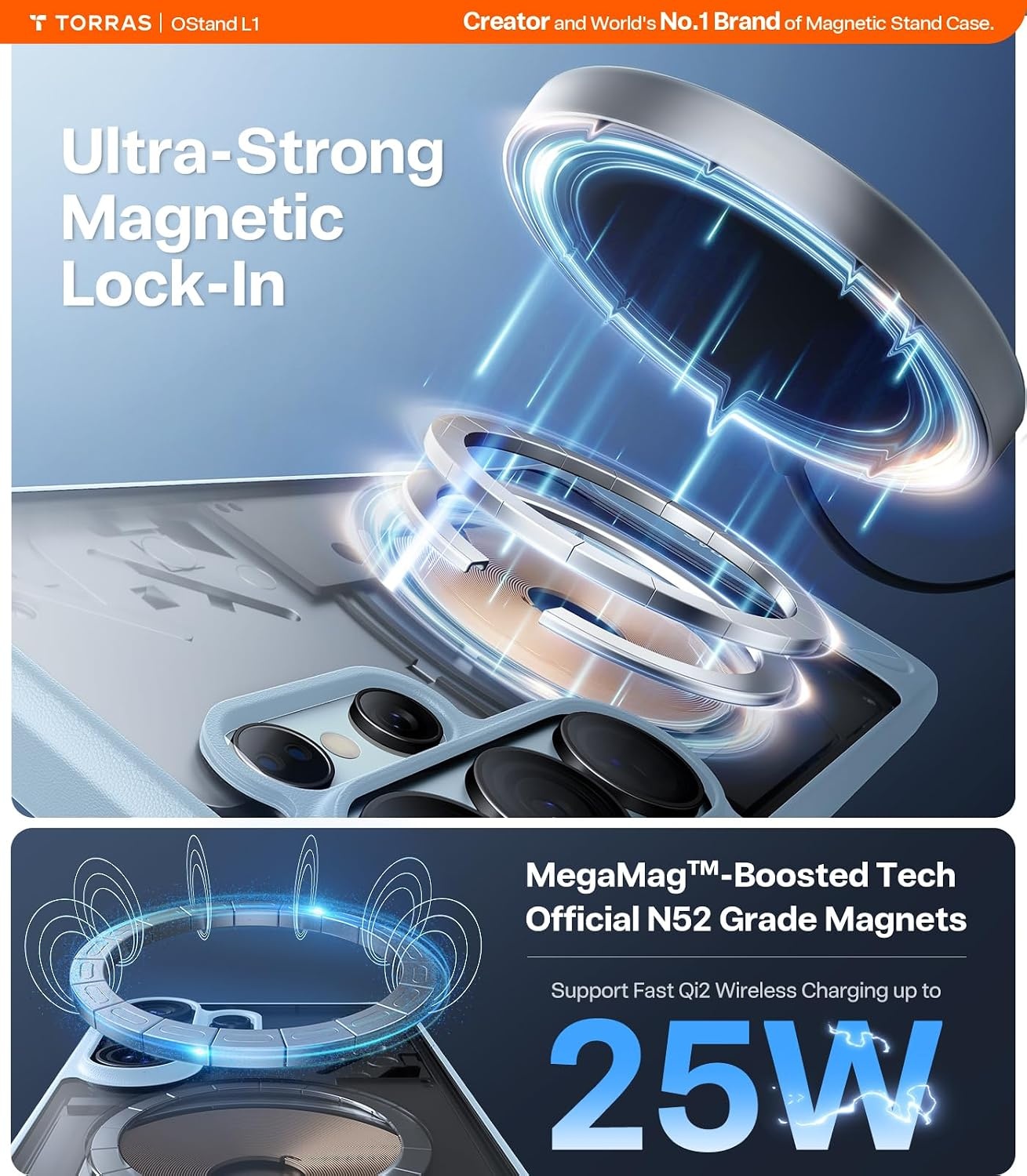 image:imageTORRAS Strong Magnetic amp Seamless Stand for Samsung Galaxy S25 Plus Case Fit for MagSafe MilGrade Drop Protection Kickstand for Samsung Galaxy S25 Plus Case AntiYellowing Diamond ClearLight Blue