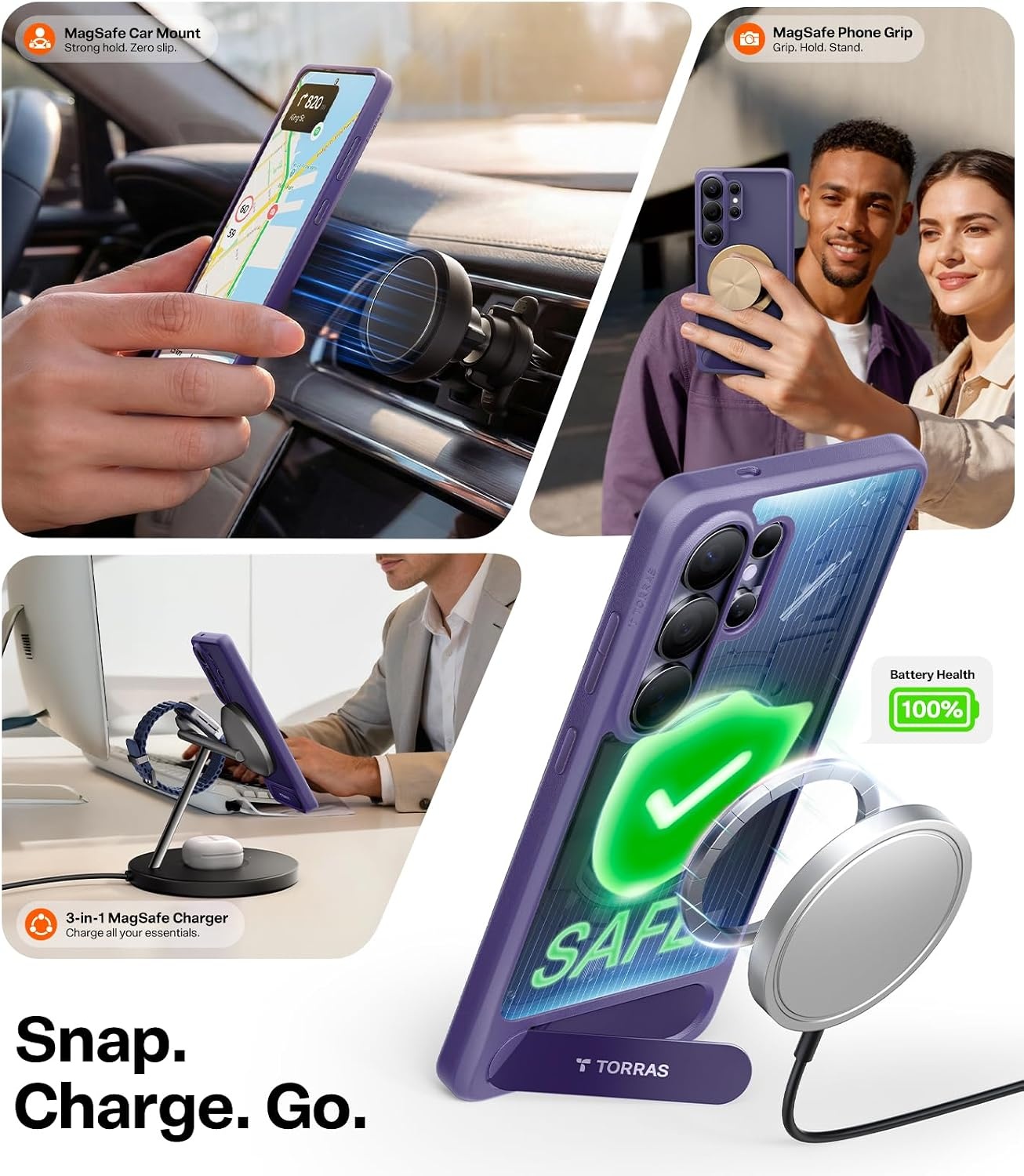 image:imageTORRAS Strong Magnetic amp Seamless Stand for Samsung Galaxy S25 Plus Case Fit for MagSafe MilGrade Drop Protection Kickstand for Samsung Galaxy S25 Plus Case AntiYellowing Diamond ClearDeep Purple