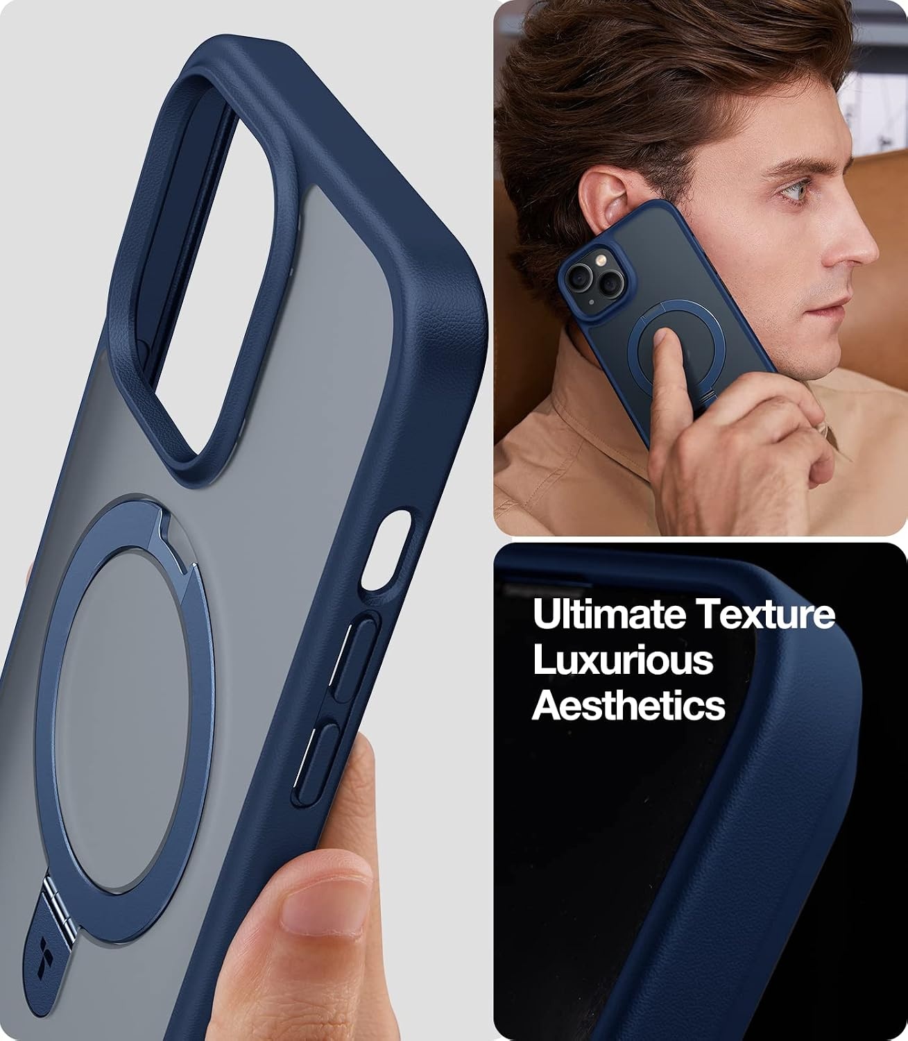 image:imageTORRAS Ultra Magnetic Ostand for iPhone 15 Pro Case Fit for MagSafe Sturdy Stand amp Ring Holder MilGrade Shockproof AntiYellow AntiScratch Slim Protective Kickstand Case Crystal Clear 61 inchNavy Blue