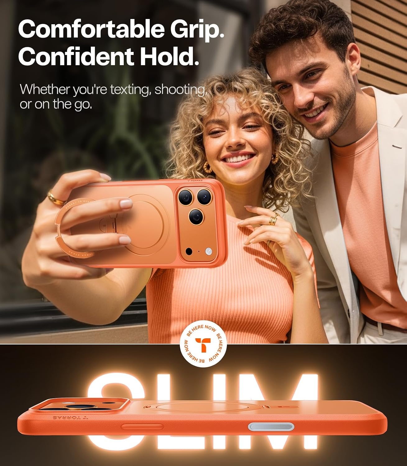 image:imageTORRAS Ultra Magnetic Ostand for iPhone 15 Pro Case Fit for MagSafe Sturdy Stand amp Ring Holder MilGrade Shockproof AntiYellow AntiScratch Slim Protective Kickstand Case Crystal Clear 61 inchCosmic Orange