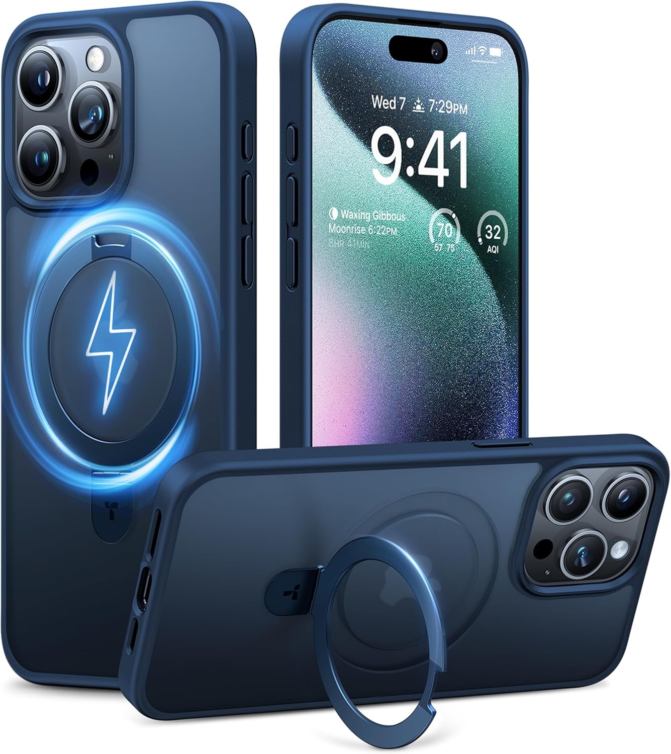 image:imageTORRAS Ultra Magnetic Ostand for iPhone 15 Pro Case Fit for MagSafe Sturdy Stand amp Ring Holder MilGrade Shockproof AntiYellow AntiScratch Slim Protective Kickstand Case Crystal Clear 61 inchNavy Blue