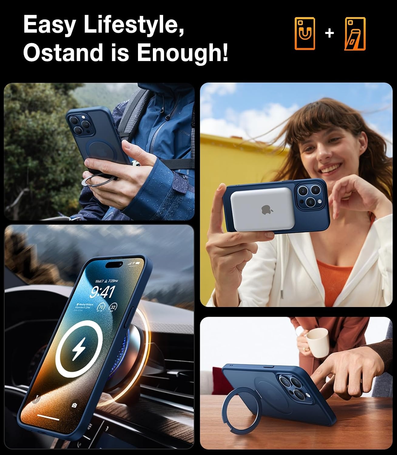 image:imageTORRAS Ultra Magnetic Ostand for iPhone 15 Pro Case Fit for MagSafe Sturdy Stand amp Ring Holder MilGrade Shockproof AntiYellow AntiScratch Slim Protective Kickstand Case Crystal Clear 61 inchNavy Blue