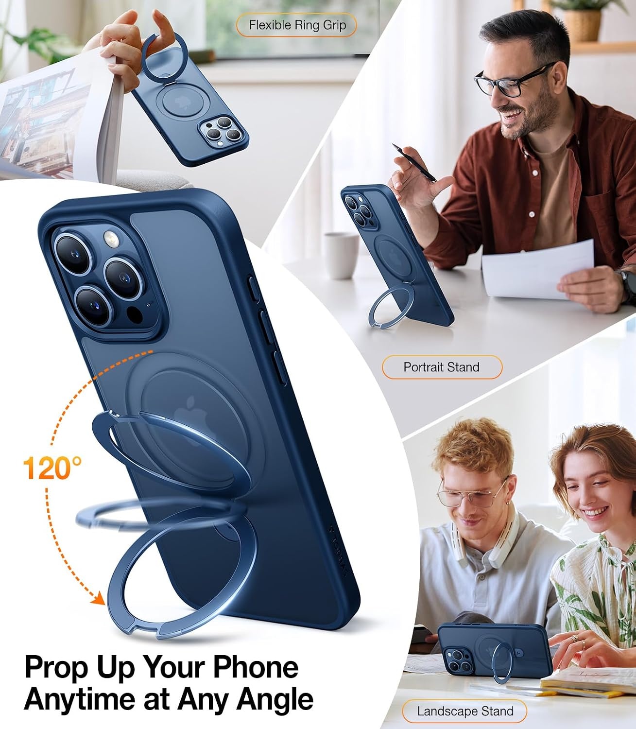 image:imageTORRAS Ultra Magnetic Ostand for iPhone 15 Pro Case Fit for MagSafe Sturdy Stand amp Ring Holder MilGrade Shockproof AntiYellow AntiScratch Slim Protective Kickstand Case Crystal Clear 61 inchNavy Blue