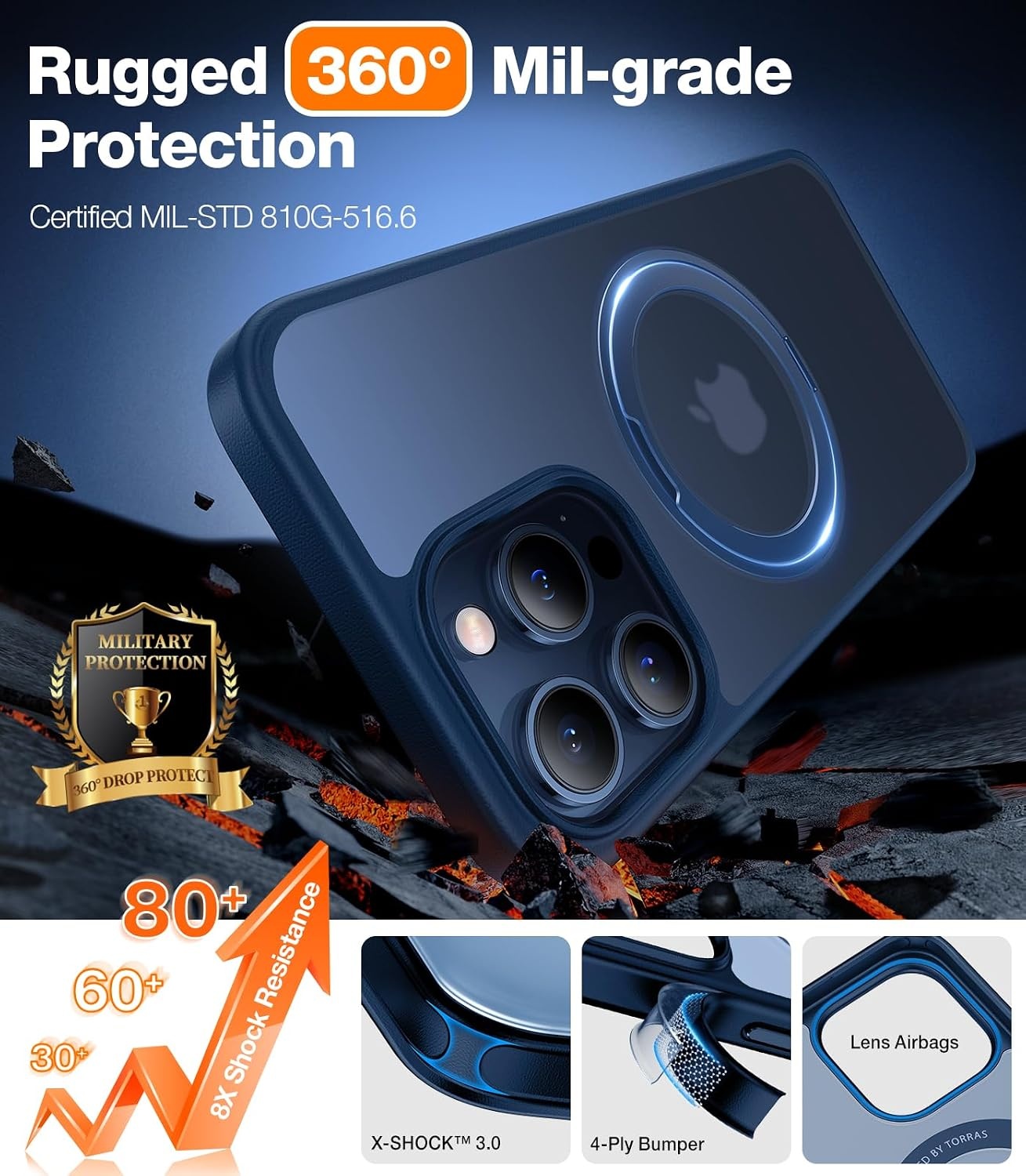 image:imageTORRAS Upgrade 360Rotatable Ring for iPhone 15 Pro Case Fit for MagSafe 15 Pro Case with Stand Translucent Slim Protective Ring Holder MilGrade Shockproof Cover for 15 Pro 2024 Navy Blue