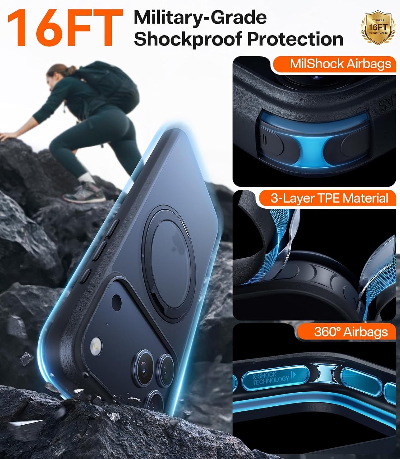image:imageTORRAS Upgraded 360 Rotatable Magnetic Ring for iPhone 15 Pro Max Case Fit for MagSafe with Stand Ring Holder 16FT MilGrade Shockproof Translucent for iPhone 15 Pro Max Phone Case Ostand BlackBlack