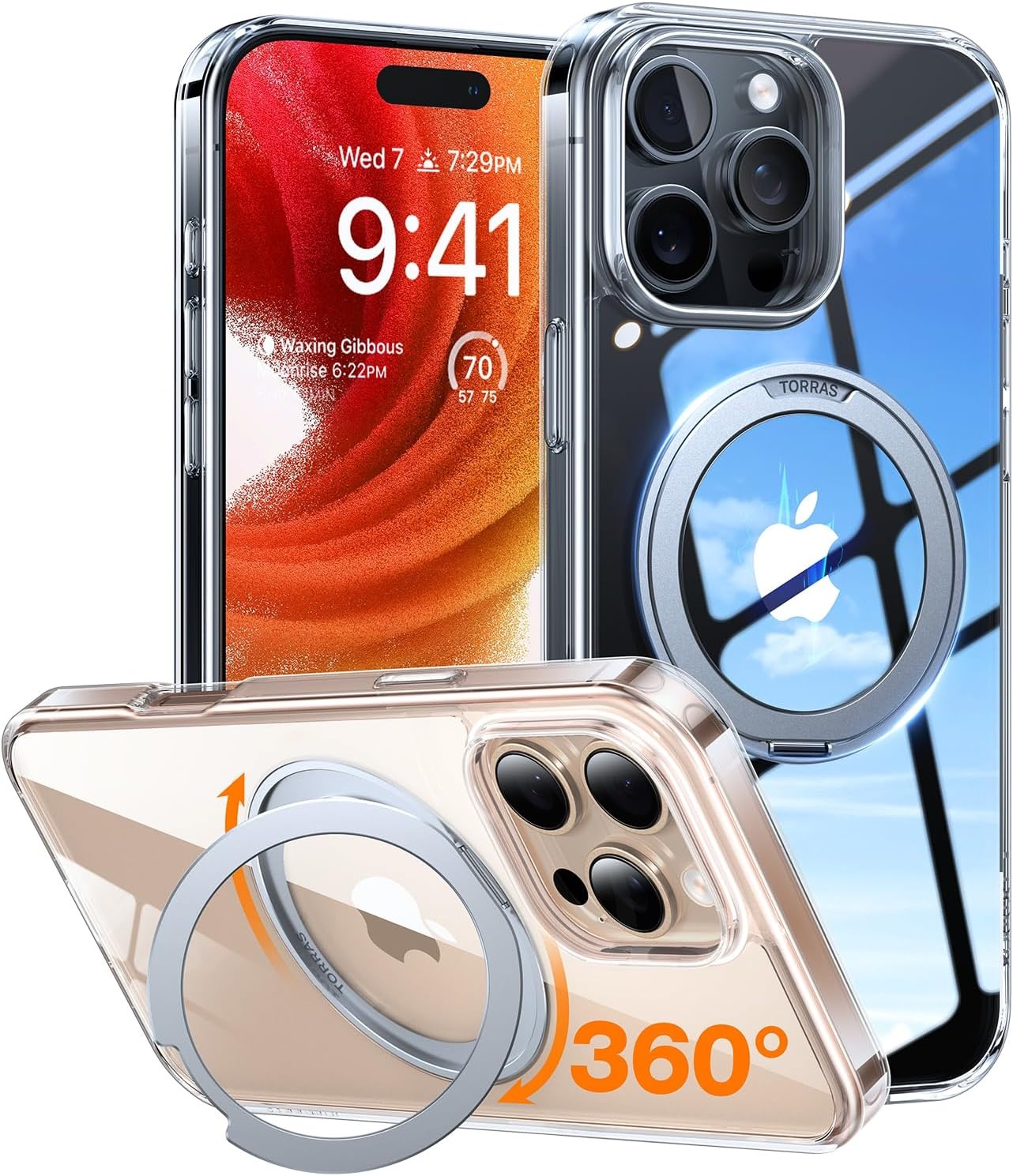 image:imageTORRAS Upgraded 360 Rotatable Magnetic Ring for iPhone 15 Pro Max Case Fit for MagSafe with Stand Ring Holder 16FT MilGrade Shockproof Translucent for iPhone 15 Pro Max Phone Case Ostand BlackClear