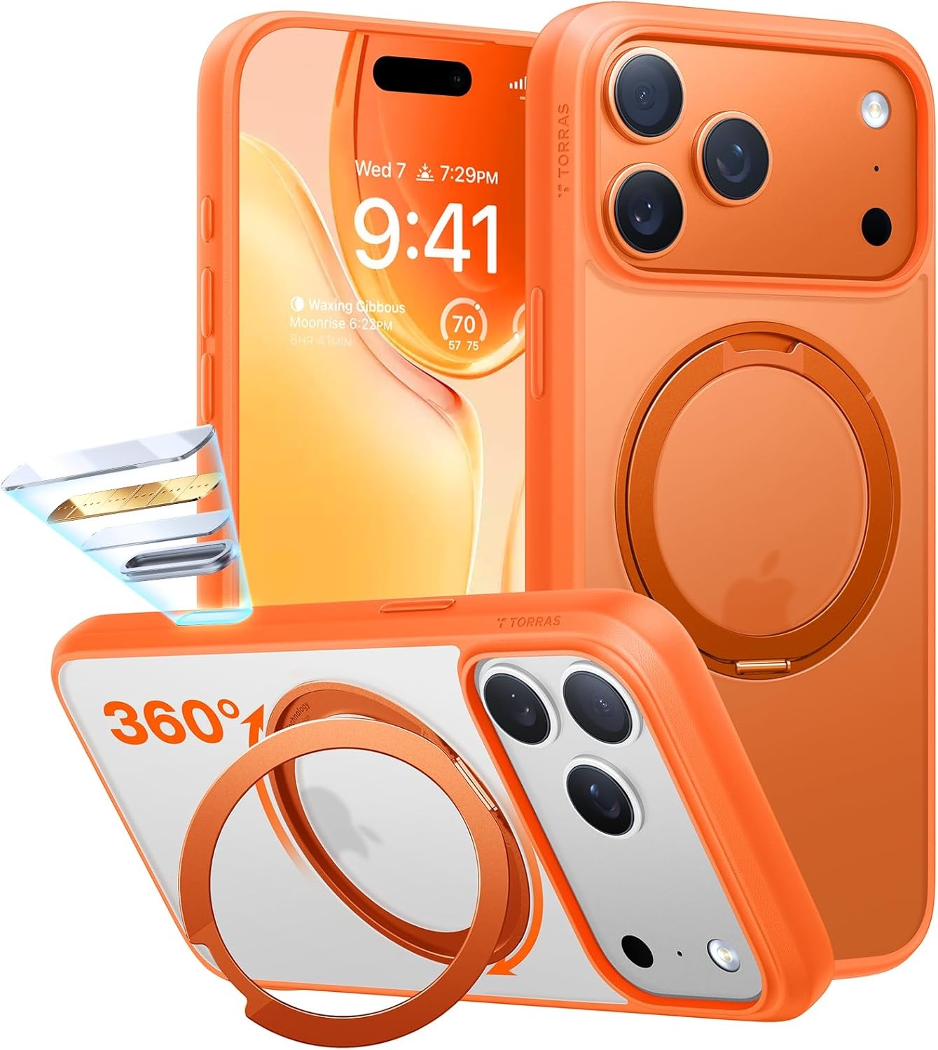 image:imageTORRAS Upgraded 360 Rotatable Magnetic Ring for iPhone 15 Pro Max Case Fit for MagSafe with Stand Ring Holder 16FT MilGrade Shockproof Translucent for iPhone 15 Pro Max Phone Case Ostand BlackNeon Orange