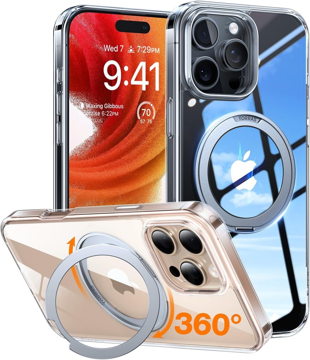image:imageTORRAS Upgraded 360 Rotatable Magnetic Ring for iPhone 15 Pro Max Case Fit for MagSafe with Stand Ring Holder 16FT MilGrade Shockproof Translucent for iPhone 15 Pro Max Phone Case Ostand BlackClear