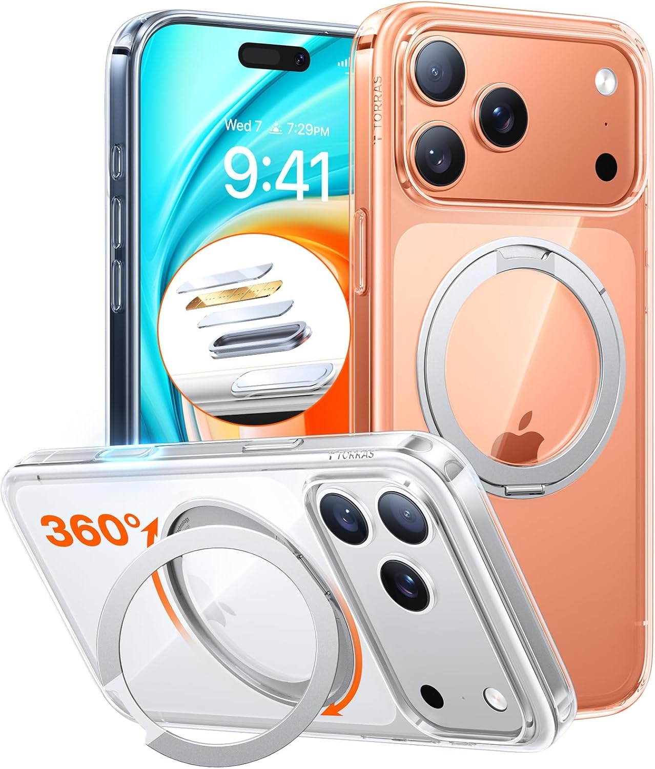 image:imageTORRAS Upgraded 360 Rotatable Magnetic Ring for iPhone 15 Pro Max Case Fit for MagSafe with Stand Ring Holder 16FT MilGrade Shockproof Translucent for iPhone 15 Pro Max Phone Case Ostand BlackCrystal Clear