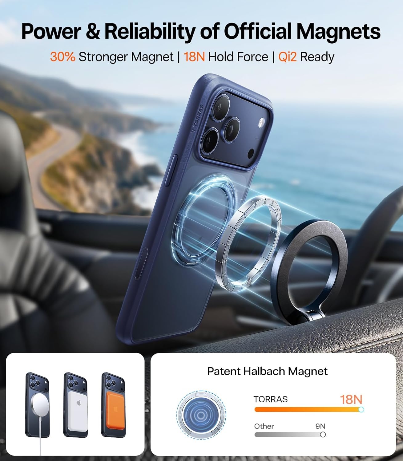 image:imageTORRAS Upgraded 360 Rotatable Magnetic Ring for iPhone 16 Pro Max Case Fit for MagSafe with Stand Ring Holder 16FT MilGrade Shockproof Translucent for iPhone 16 Pro Max Phone Case Ostand BlackBlue