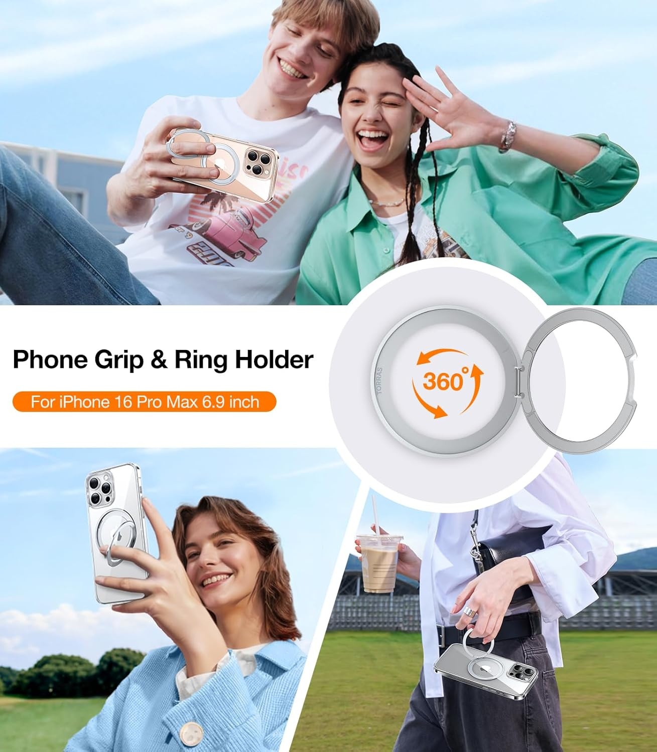 image:imageTORRAS Upgraded 360 Rotatable Magnetic Ring for iPhone 16 Pro Max Case Fit for MagSafe with Stand Ring Holder 16FT MilGrade Shockproof Translucent for iPhone 16 Pro Max Phone Case Ostand BlackClear