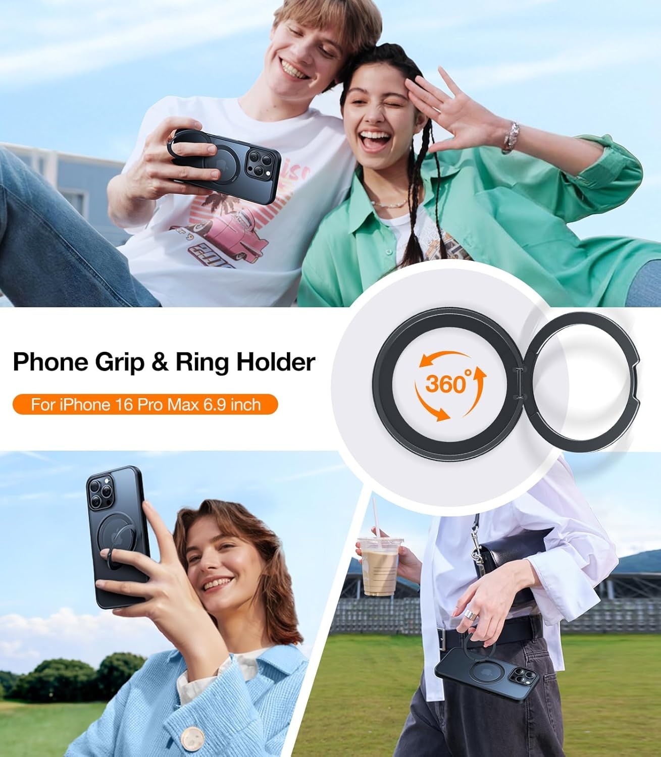 image:imageTORRAS Upgraded 360 Rotatable Magnetic Ring for iPhone 16 Pro Max Case Fit for MagSafe with Stand Ring Holder 16FT MilGrade Shockproof Translucent for iPhone 16 Pro Max Phone Case Ostand BlackBlack