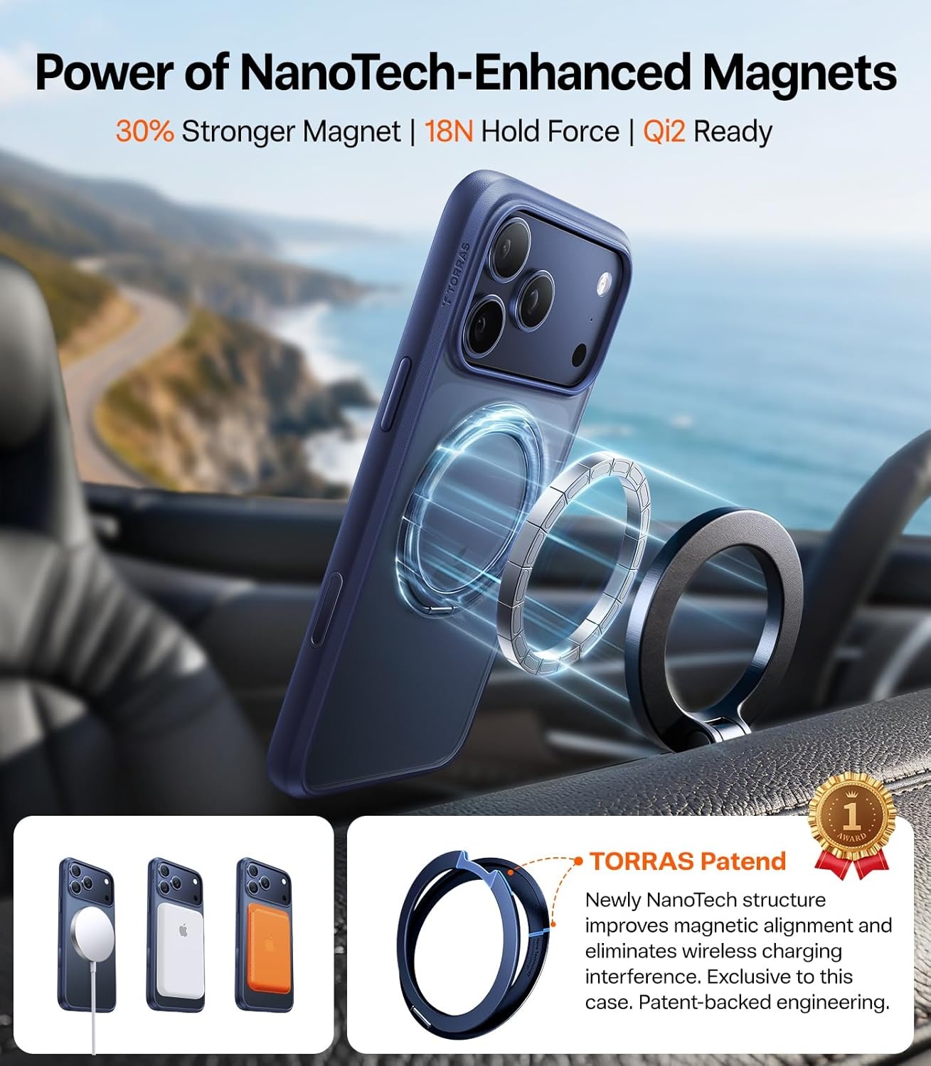 image:imageTORRAS Upgraded 360 Rotatable Magnetic Ring for iPhone 16 Pro Max Case Fit for MagSafe with Stand Ring Holder 16FT MilGrade Shockproof Translucent for iPhone 16 Pro Max Phone Case Ostand BlackBlue