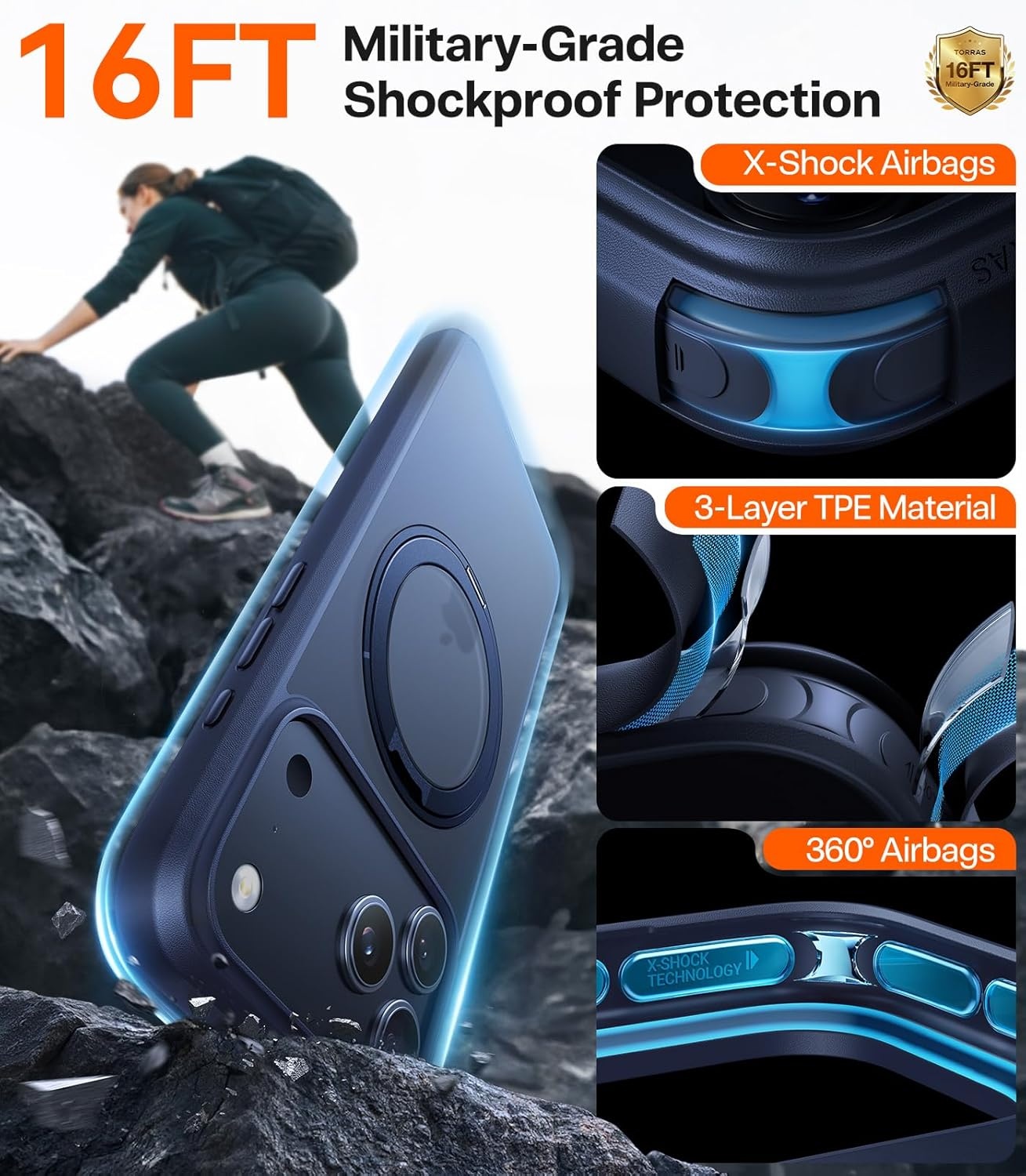 image:imageTORRAS Upgraded 360 Rotatable Magnetic Ring for iPhone 16 Pro Max Case Fit for MagSafe with Stand Ring Holder 16FT MilGrade Shockproof Translucent for iPhone 16 Pro Max Phone Case Ostand BlackBlue