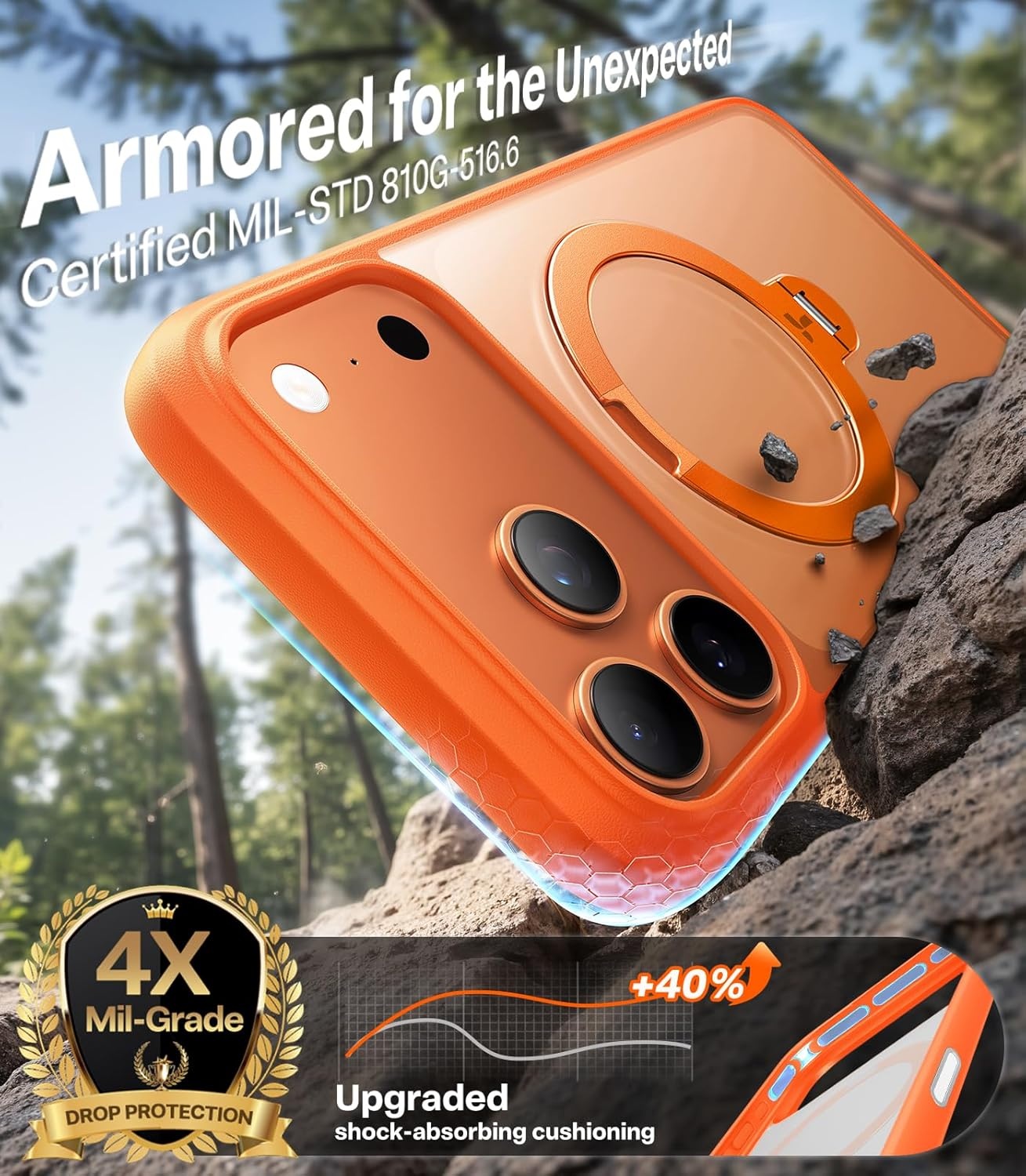 image:imageTORRAS Upgraded 360 Spin Magnetic Stand for iPhone 16 Pro Case Fit for MagSafe Builtin Kickstand Camera Control MilGrade Protective Soft Edge Translucent Case for iPhone 16 Pro Black 63Cosmic Orange