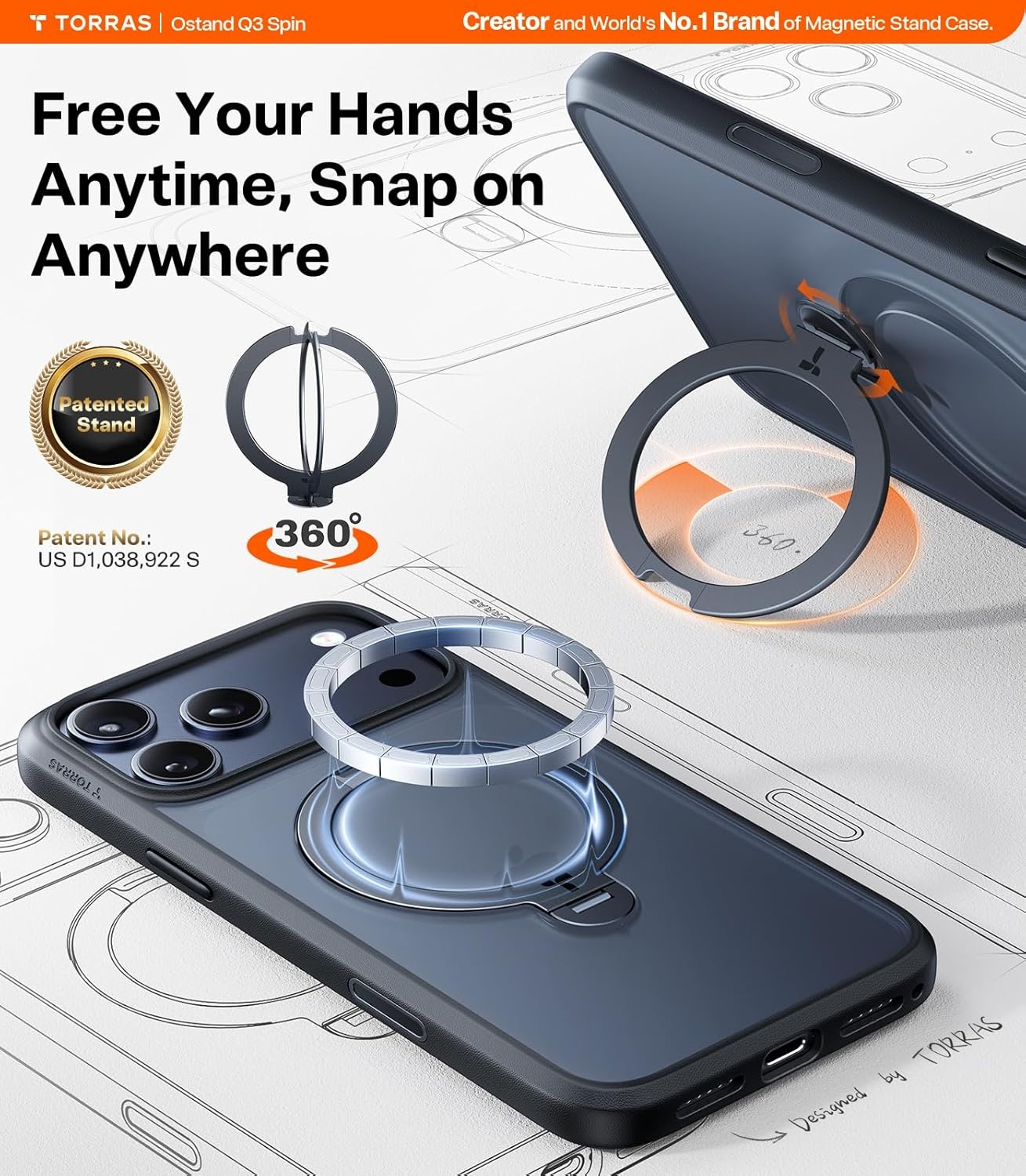 image:imageTORRAS Upgraded 360 Spin Magnetic Stand for iPhone 16 Pro Case Fit for MagSafe Builtin Kickstand Camera Control MilGrade Protective Soft Edge Translucent Case for iPhone 16 Pro Black 63Black