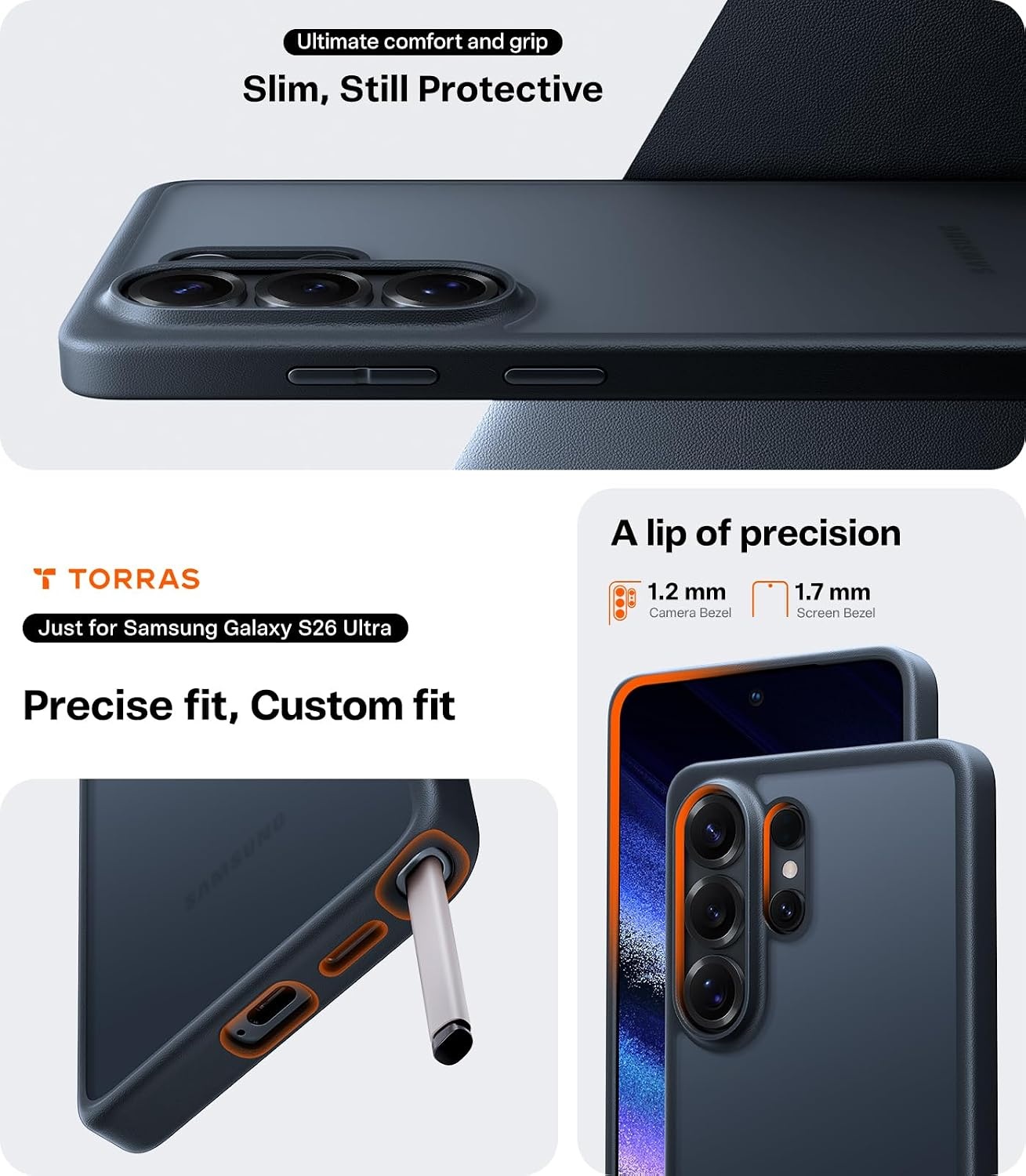 image:imageTORRAS for Samsung Galaxy S26 Ultra Case Clear 2026 Upgraded NonYellowing 12FT MilitaryGrade Protection Transparent Slim Case for Samsung S26 Ultra Case Thin Diamond Clear Hard 69Black