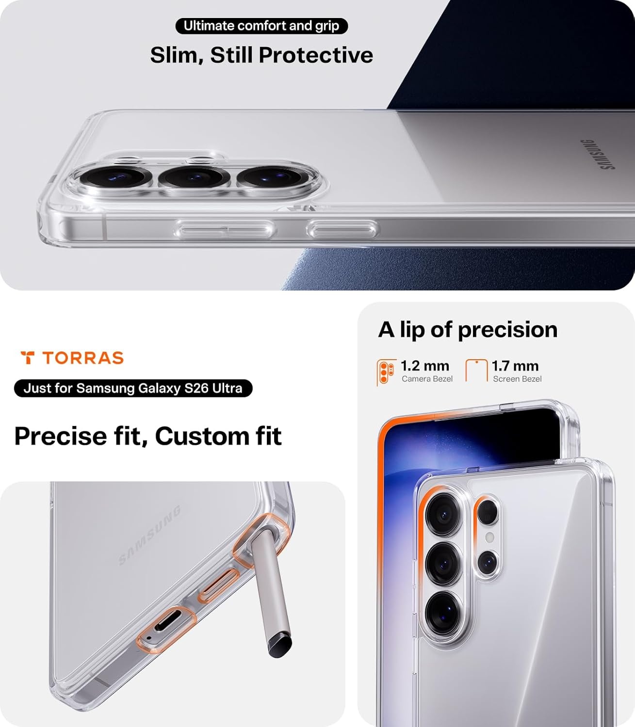 image:imageTORRAS for Samsung Galaxy S26 Ultra Case Clear 2026 Upgraded NonYellowing 12FT MilitaryGrade Protection Transparent Slim Case for Samsung S26 Ultra Case Thin Diamond Clear Hard 69Clear