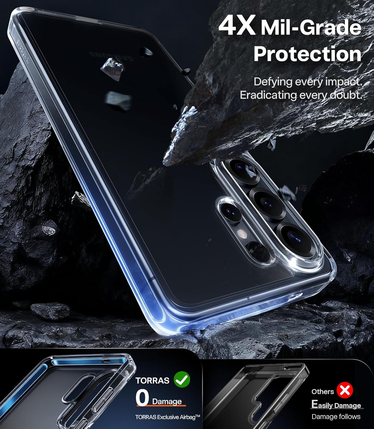 image:imageTORRAS for Samsung Galaxy S26 Ultra Case Clear 2026 Upgraded NonYellowing 12FT MilitaryGrade Protection Transparent Slim Case for Samsung S26 Ultra Case Thin Diamond Clear Hard 69Clear