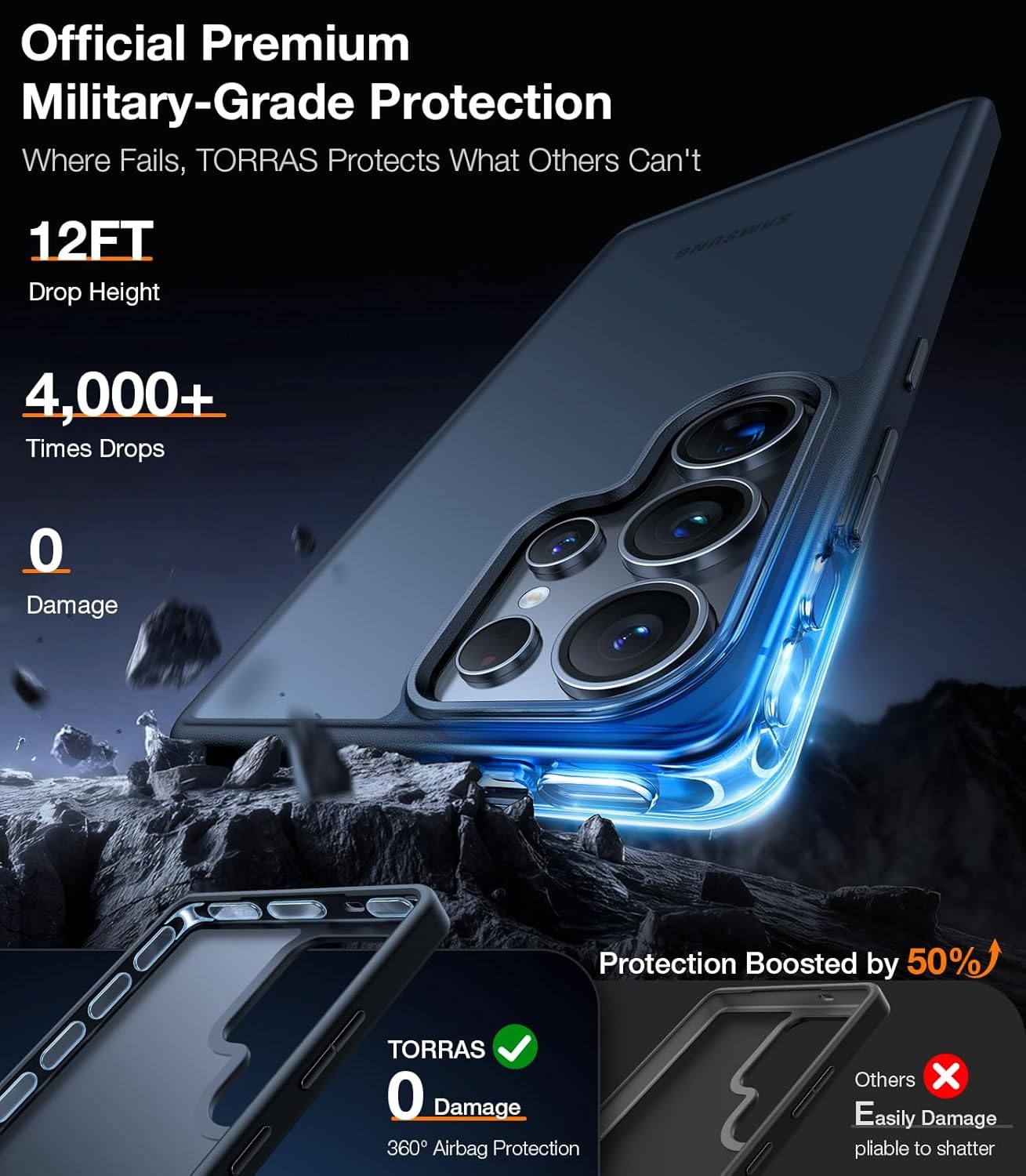 image:imageTORRAS for Samsung Galaxy S26 Ultra Case Clear 2026 Upgraded NonYellowing 12FT MilitaryGrade Protection Transparent Slim Case for Samsung S26 Ultra Case Thin Diamond Clear Hard 69Black