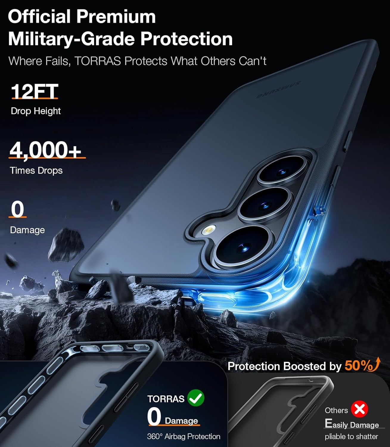 image:imageTORRAS for Samsung Galaxy S26 Ultra Case Clear 2026 Upgraded NonYellowing 12FT MilitaryGrade Protection Transparent Slim Case for Samsung S26 Ultra Case Thin Diamond Clear Hard 69Black