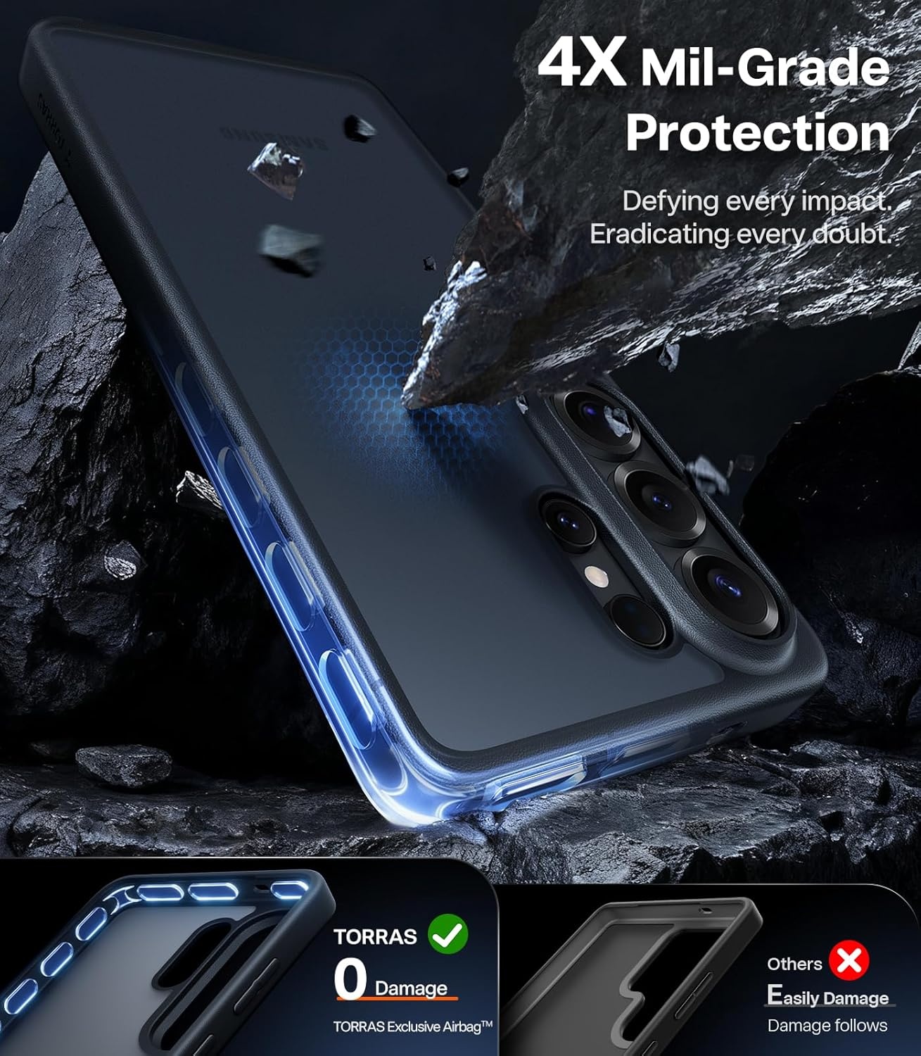 image:imageTORRAS for Samsung Galaxy S26 Ultra Case Clear 2026 Upgraded NonYellowing 12FT MilitaryGrade Protection Transparent Slim Case for Samsung S26 Ultra Case Thin Diamond Clear Hard 69Black