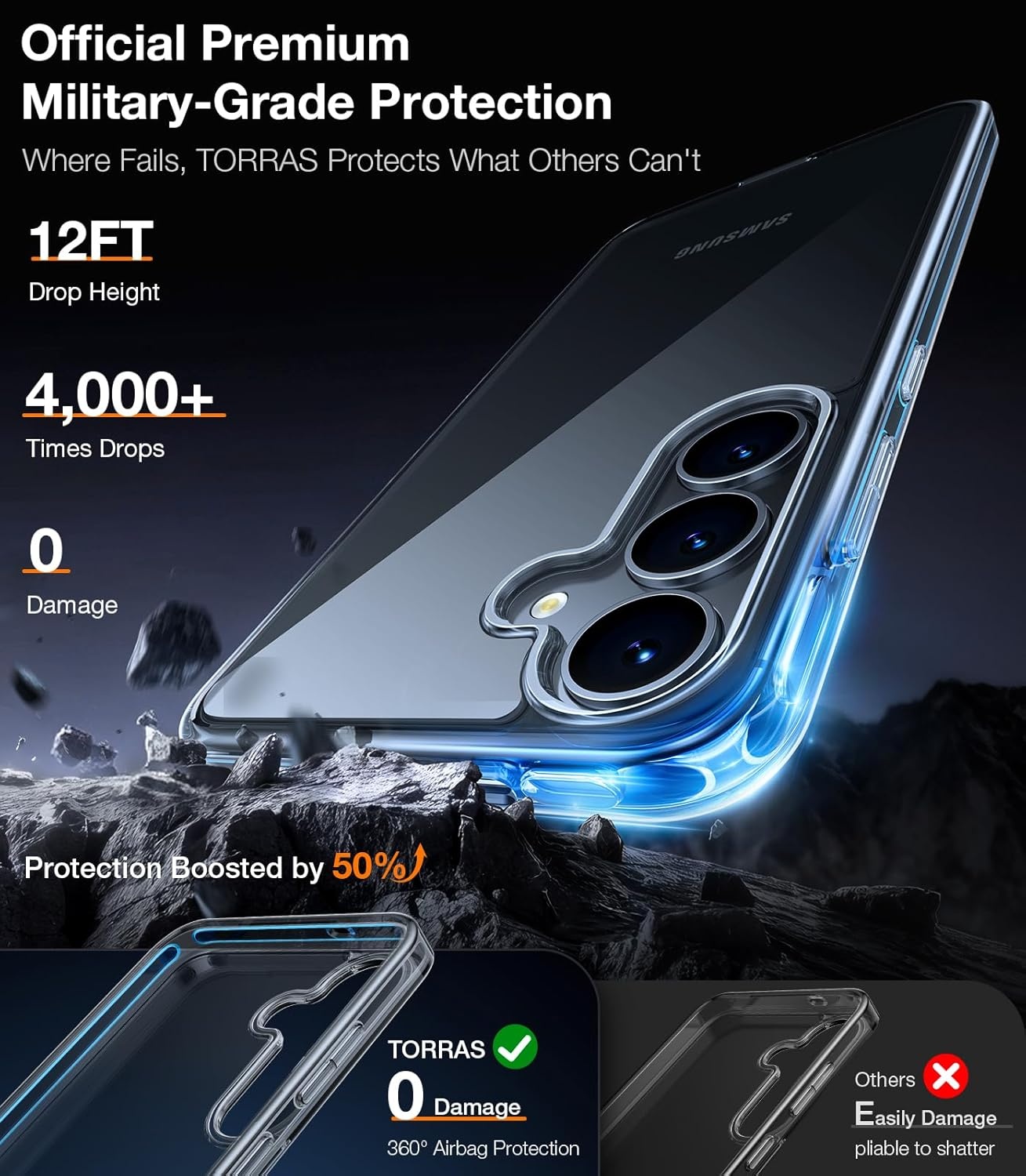 image:imageTORRAS for Samsung Galaxy S26 Ultra Case Clear 2026 Upgraded NonYellowing 12FT MilitaryGrade Protection Transparent Slim Case for Samsung S26 Ultra Case Thin Diamond Clear Hard 69Clear